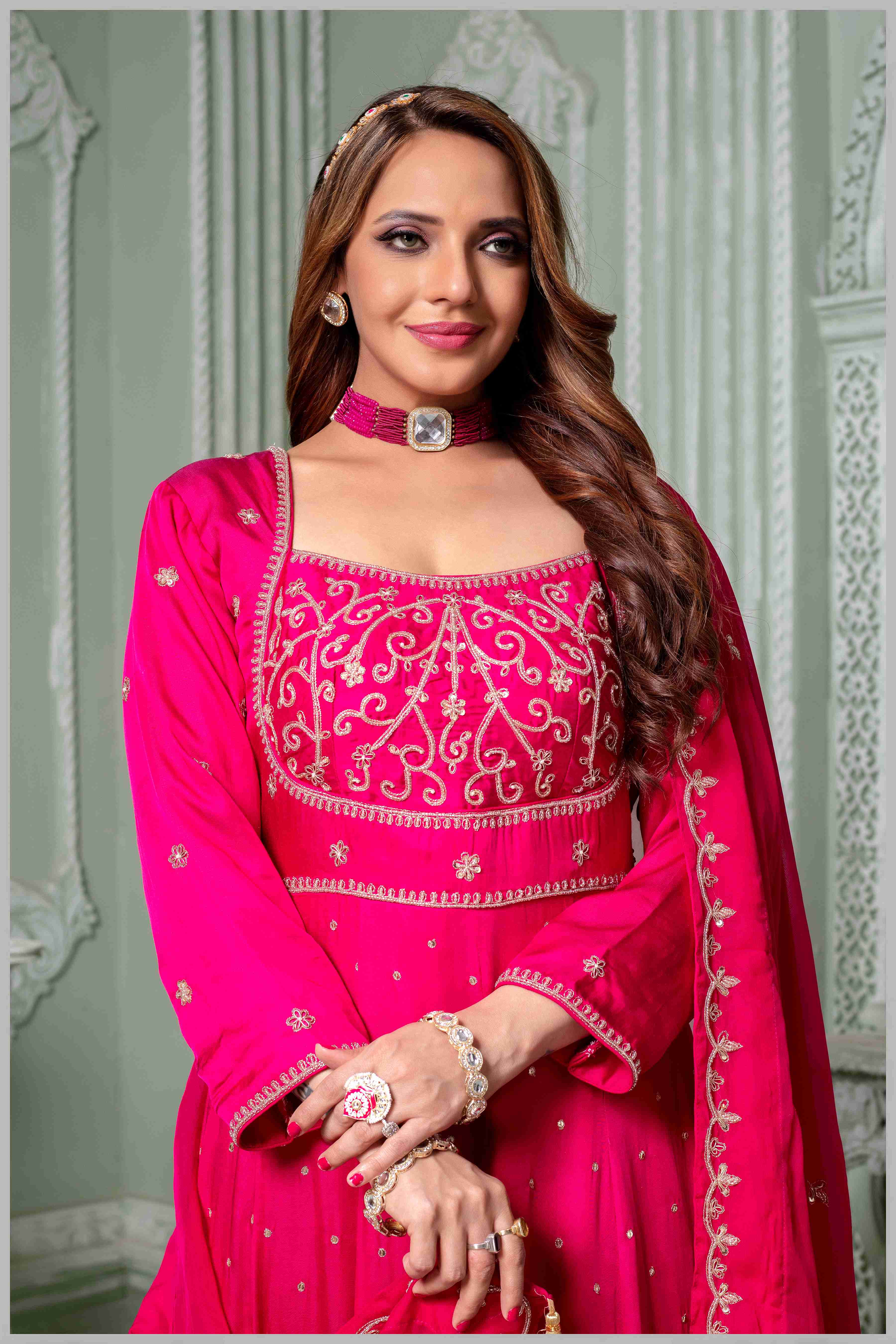 Dark Pink Embroidered Anarkali Set.