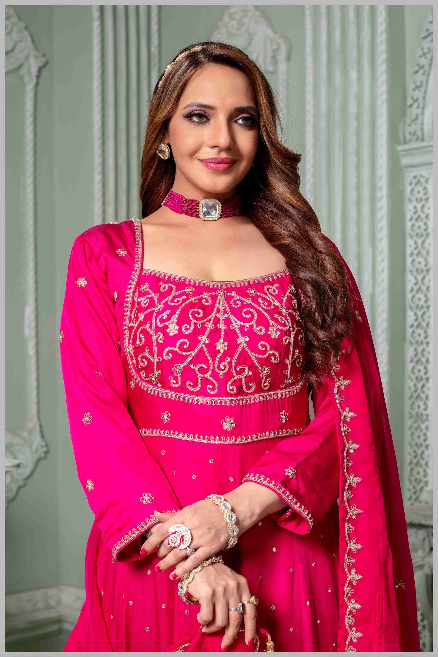 Dark Pink Embroidered Anarkali Set.