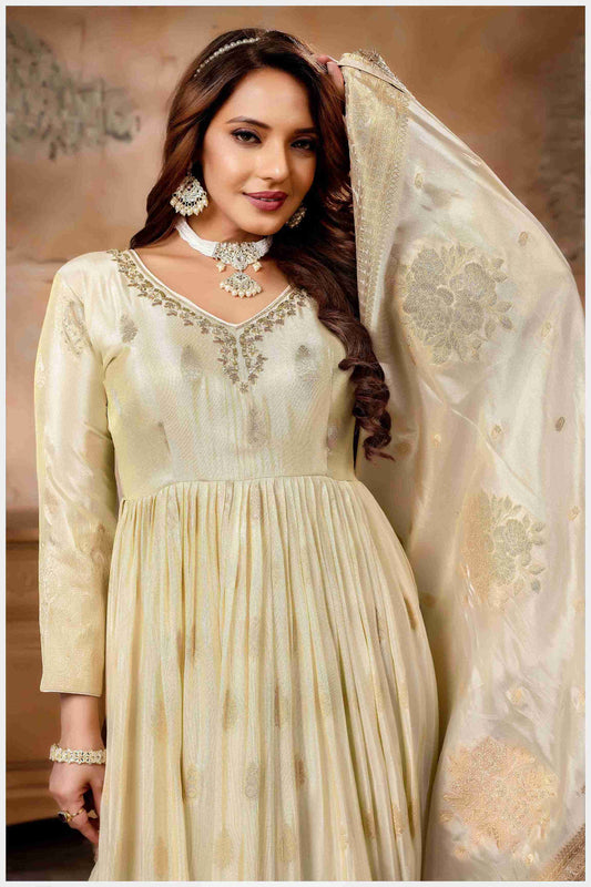 Offwhite Silk Anarkali Gown with Zari Weaving