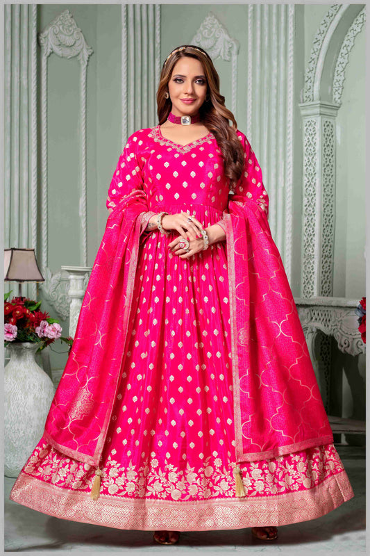 Dark Rani Pink Anarkali with Antique Gold Brocade Dupatta