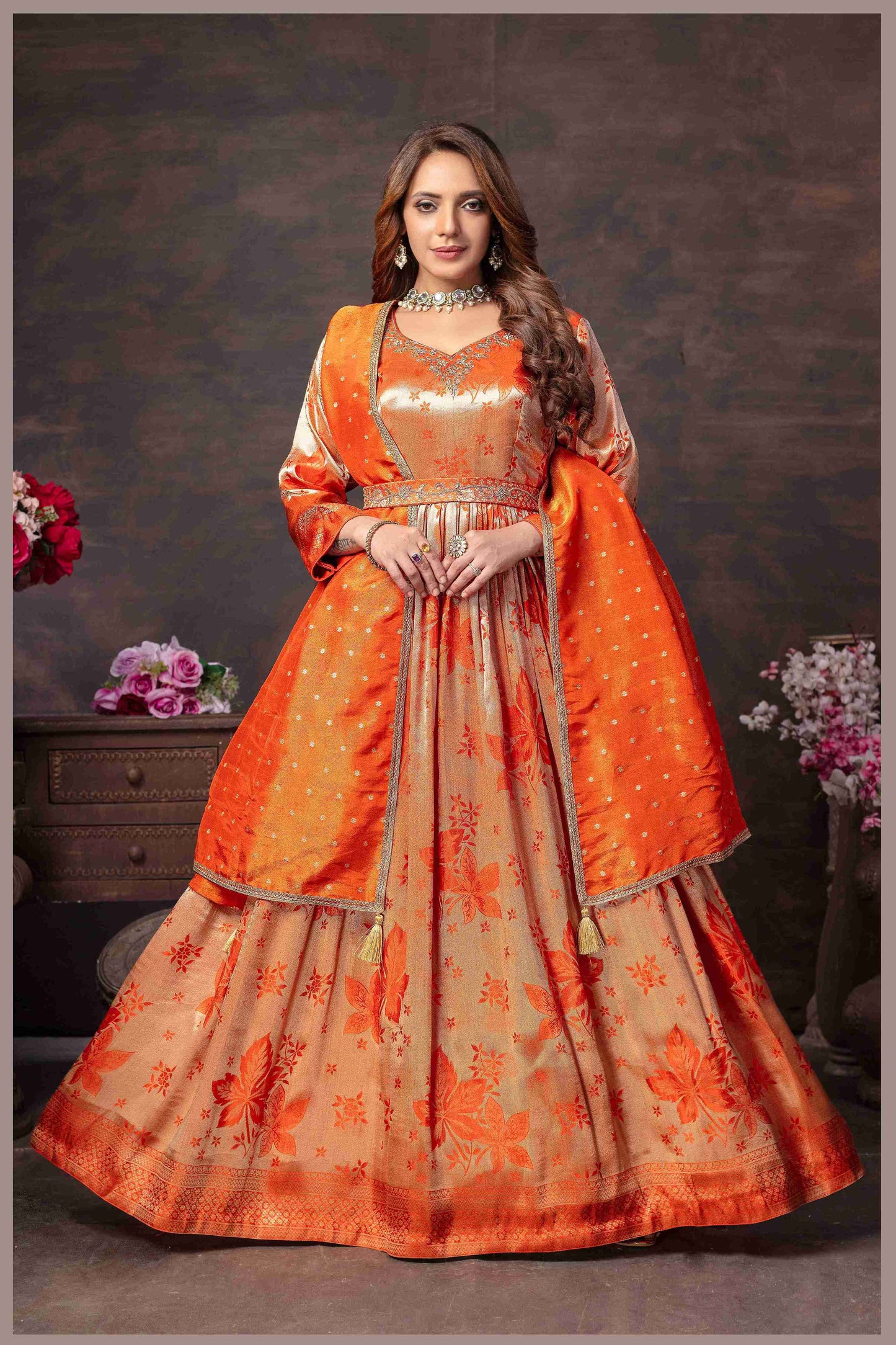 Rust Beige Anarkali with Rani Pink Dupatta