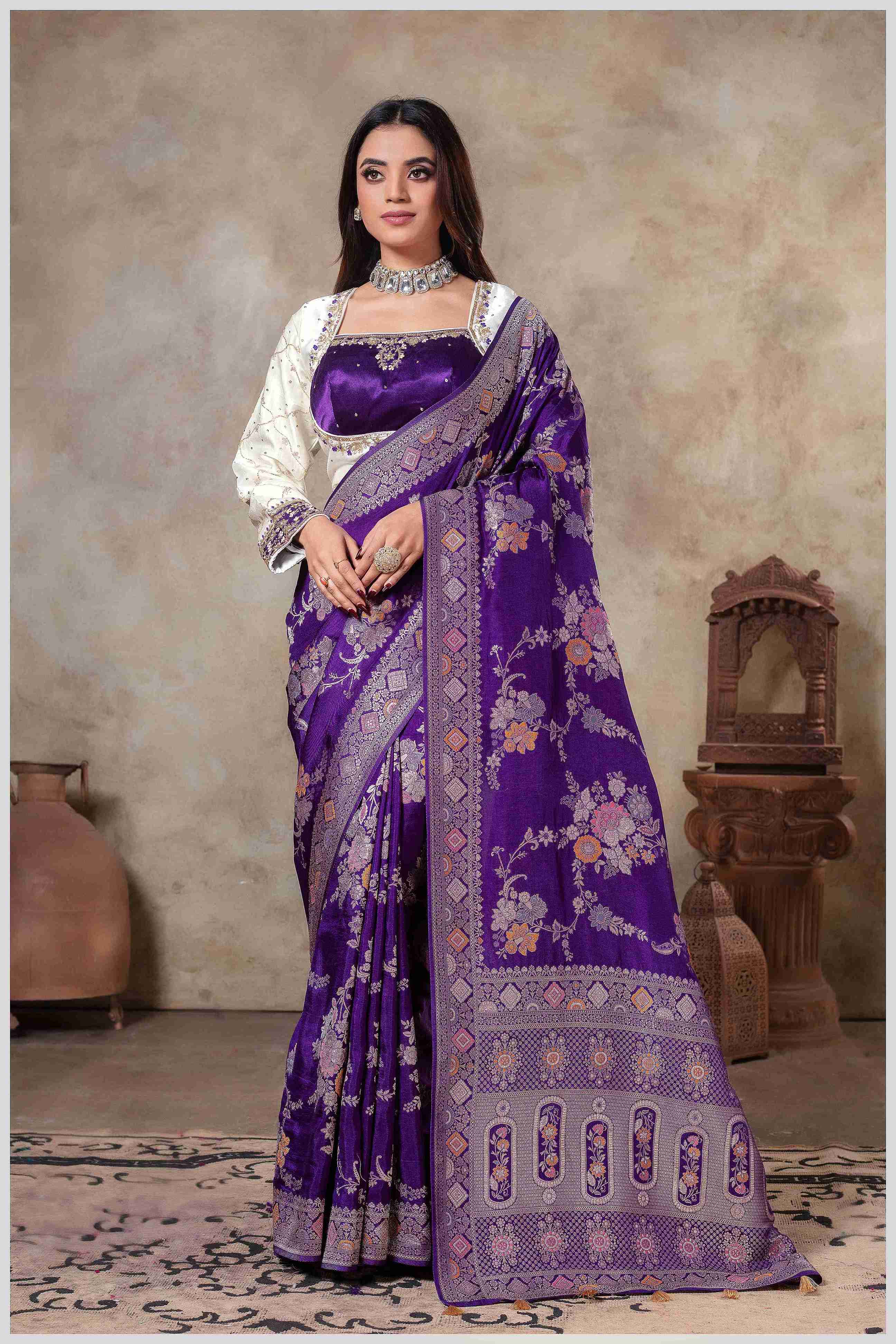 Purple Banarasi Silk Saree with Multicolor Floral Weaves