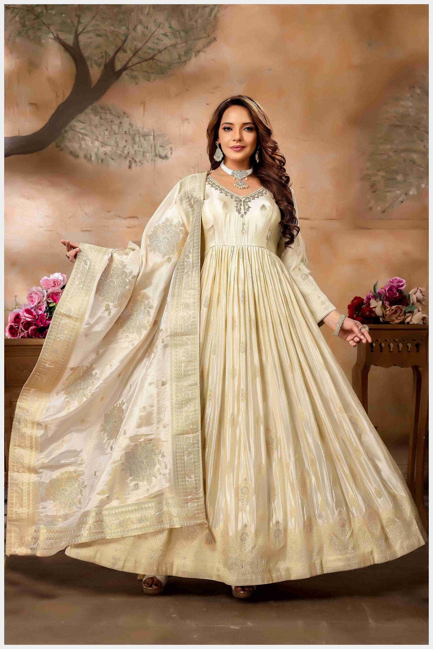 Offwhite Silk Anarkali Gown with Zari Weaving