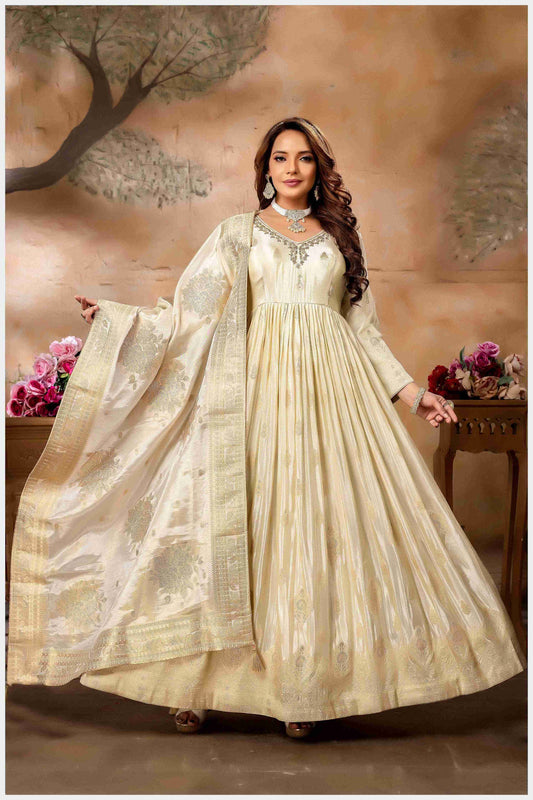 Offwhite Silk Anarkali Gown with Zari Weaving