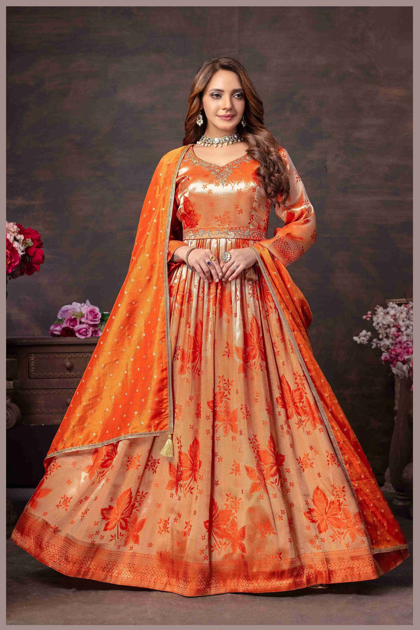 Rust Beige Anarkali with Rani Pink Dupatta