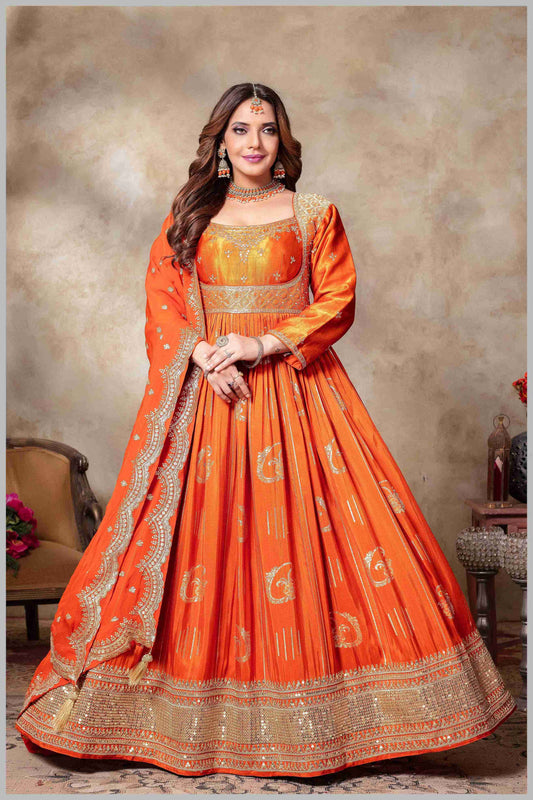 Rust Banarasi Silk Anarkali Gown with Sequin Embroidery Dupatta