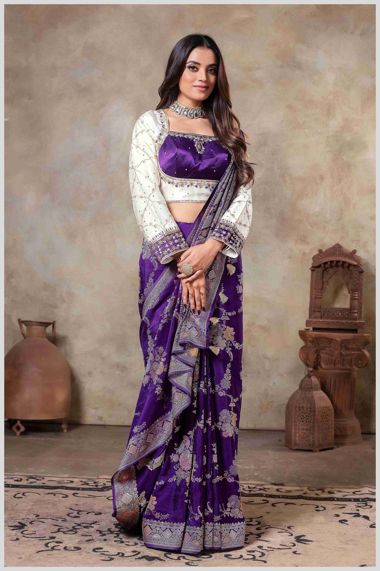 Purple Banarasi Silk Saree with Multicolor Floral Weaves