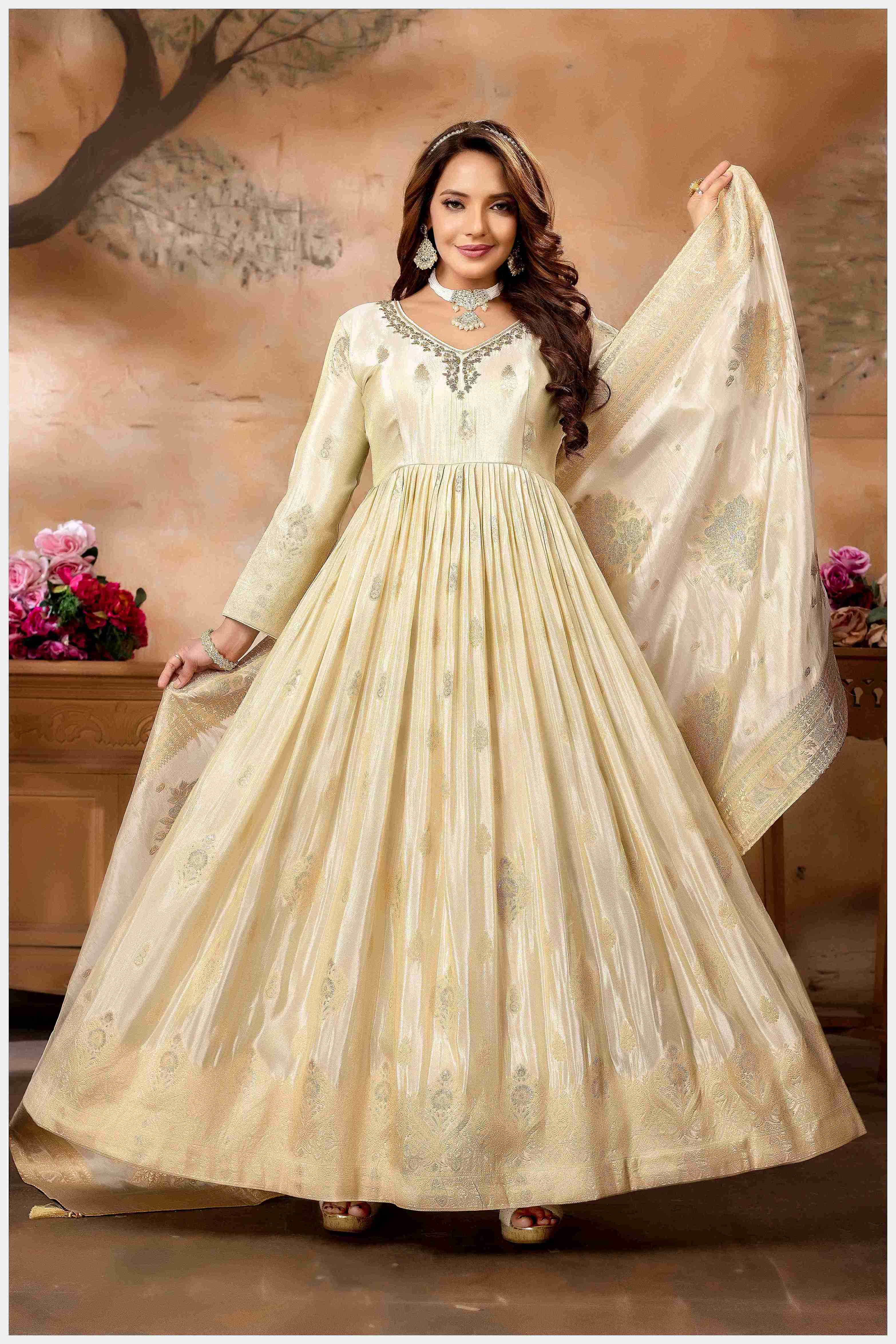 Offwhite Silk Anarkali Gown with Zari Weaving