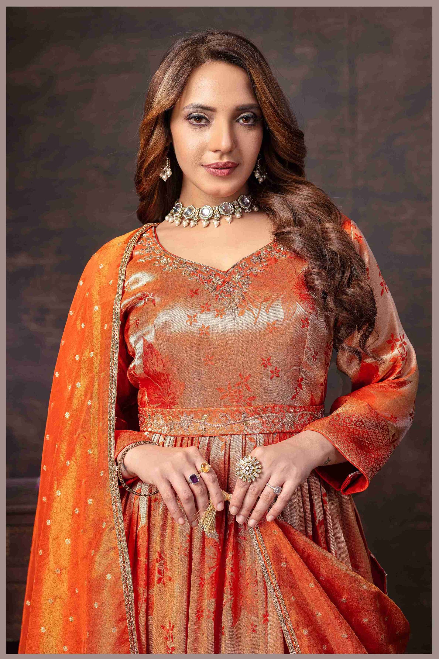 Rust Beige Anarkali with Rani Pink Dupatta