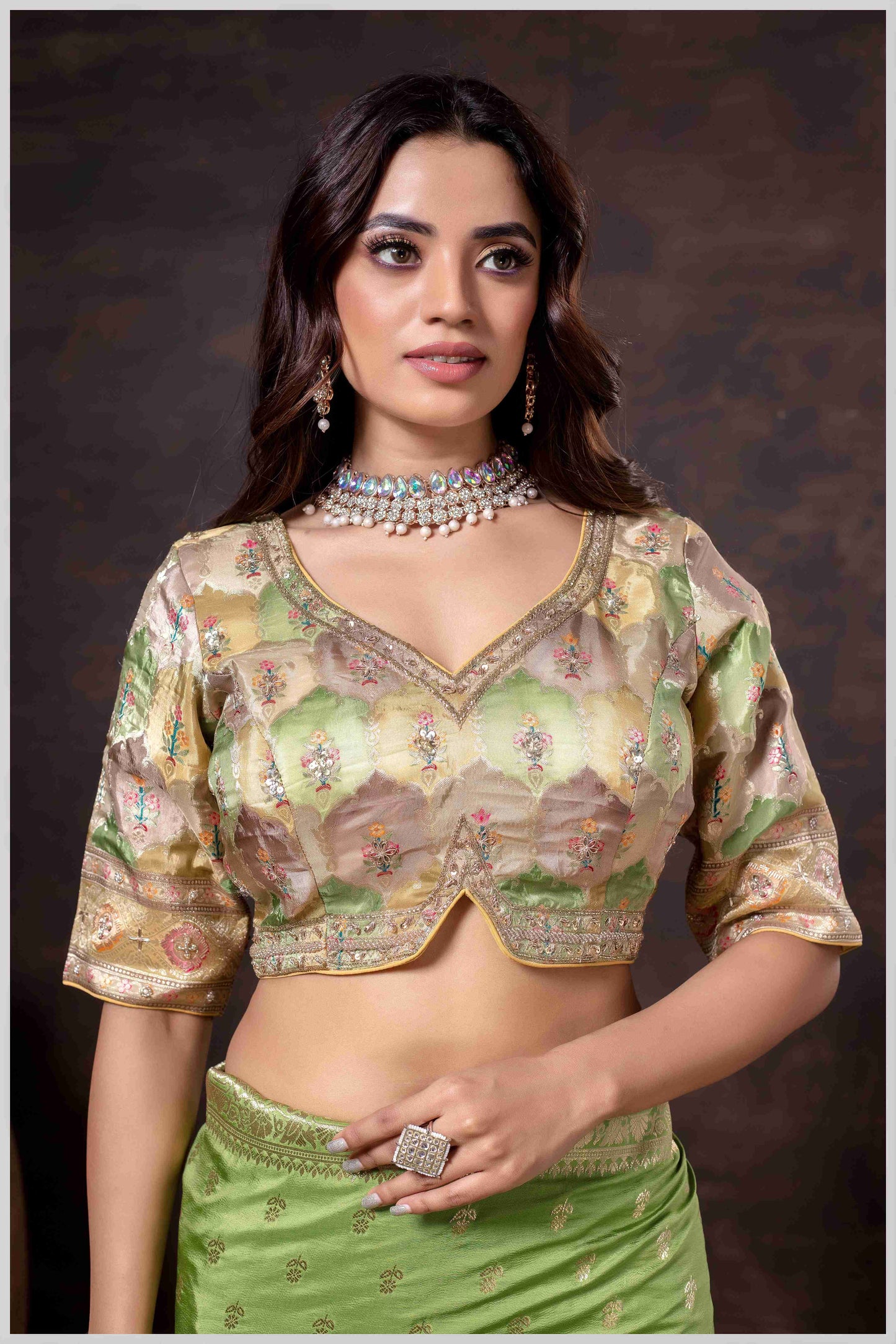 Ethereal Mahendi Crepe Silk Saree with Brocade Blouse & Zari Detailing