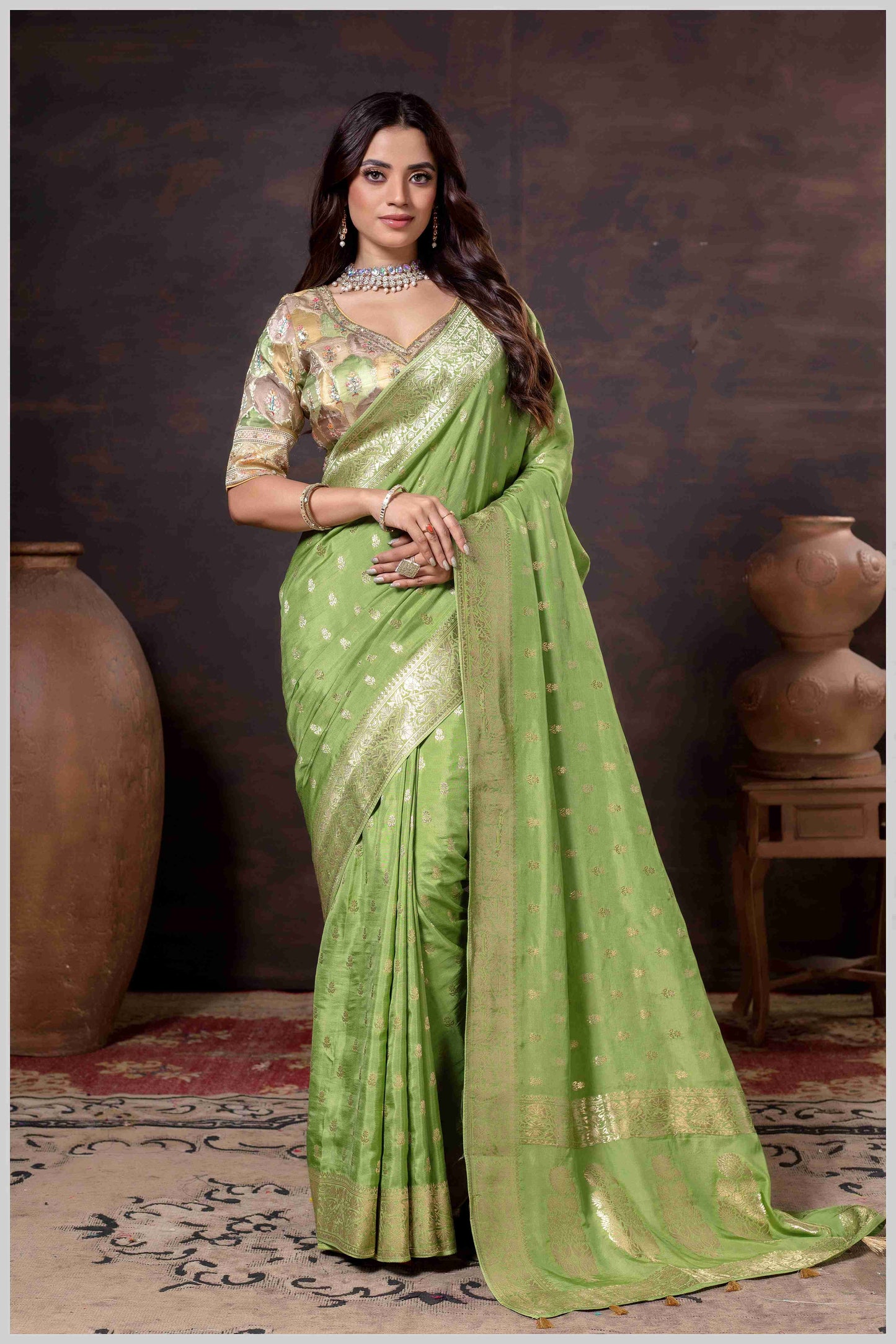 Ethereal Mahendi Crepe Silk Saree with Brocade Blouse & Zari Detailing
