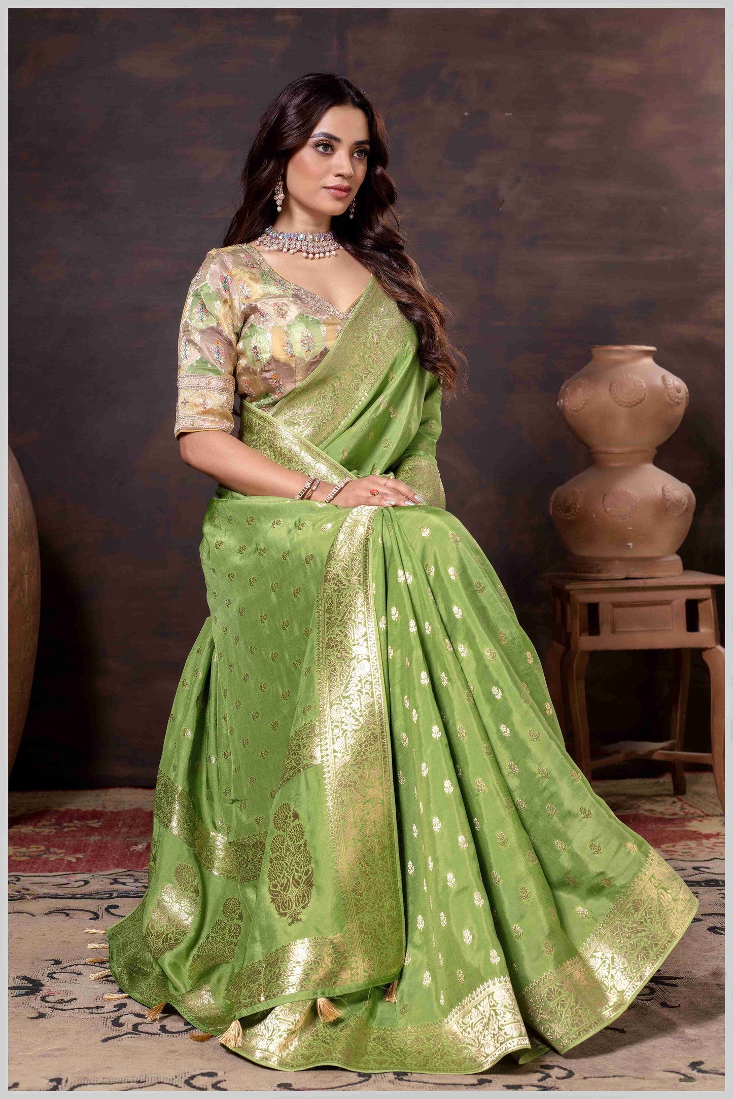 Ethereal Mahendi Crepe Silk Saree with Brocade Blouse & Zari Detailing