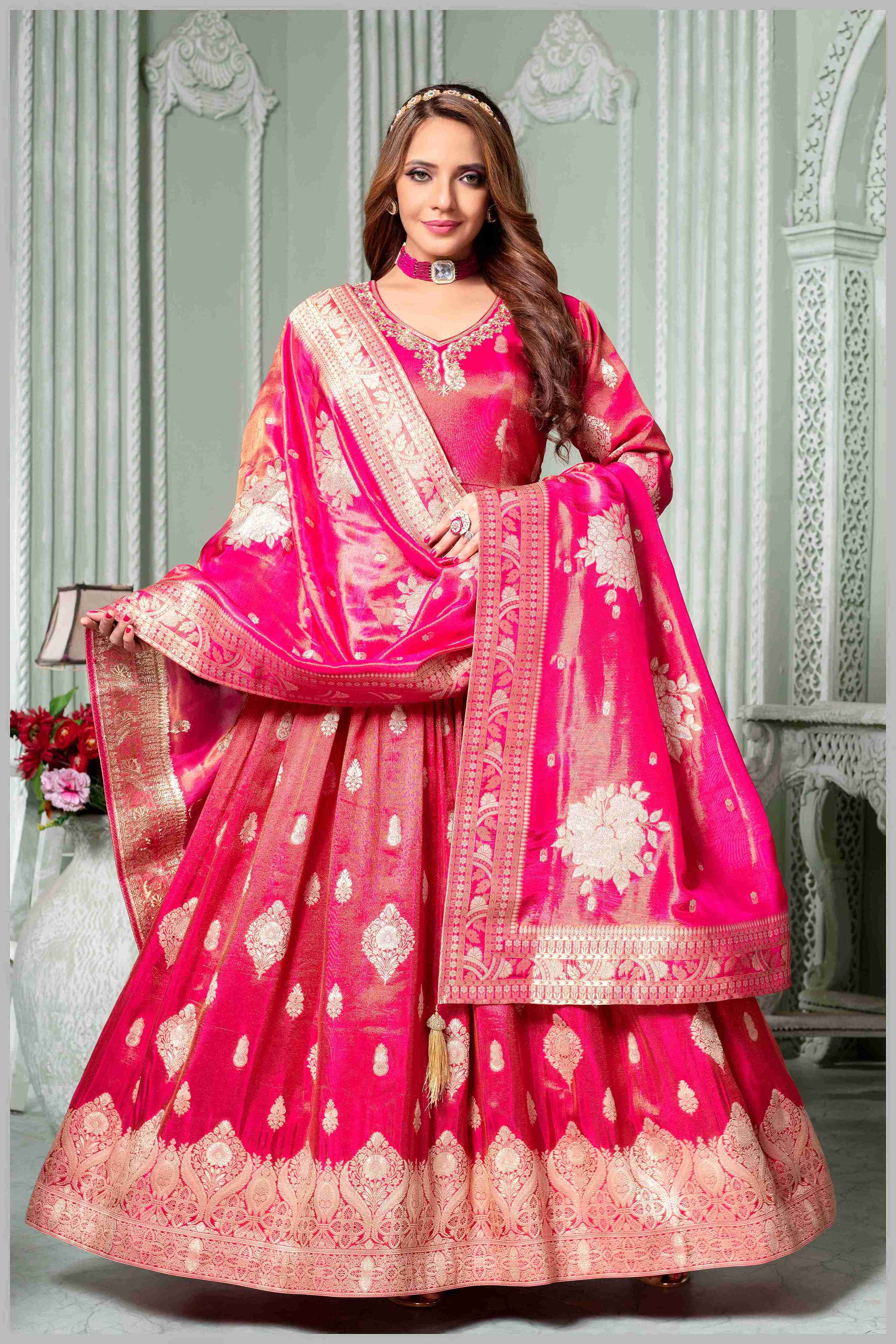 Pink Silk Anarkali Gown with Zari Weaving