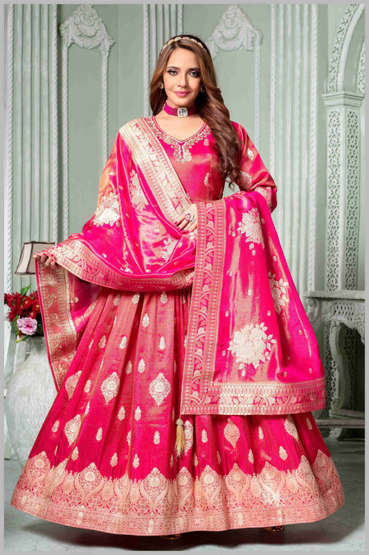 Pink Silk Anarkali Gown with Zari Weaving