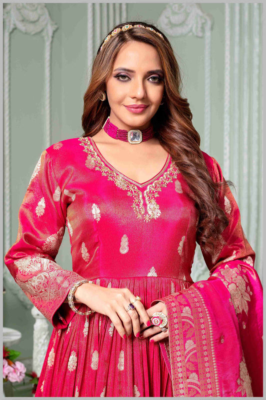 Pink Silk Anarkali Gown with Zari Weaving