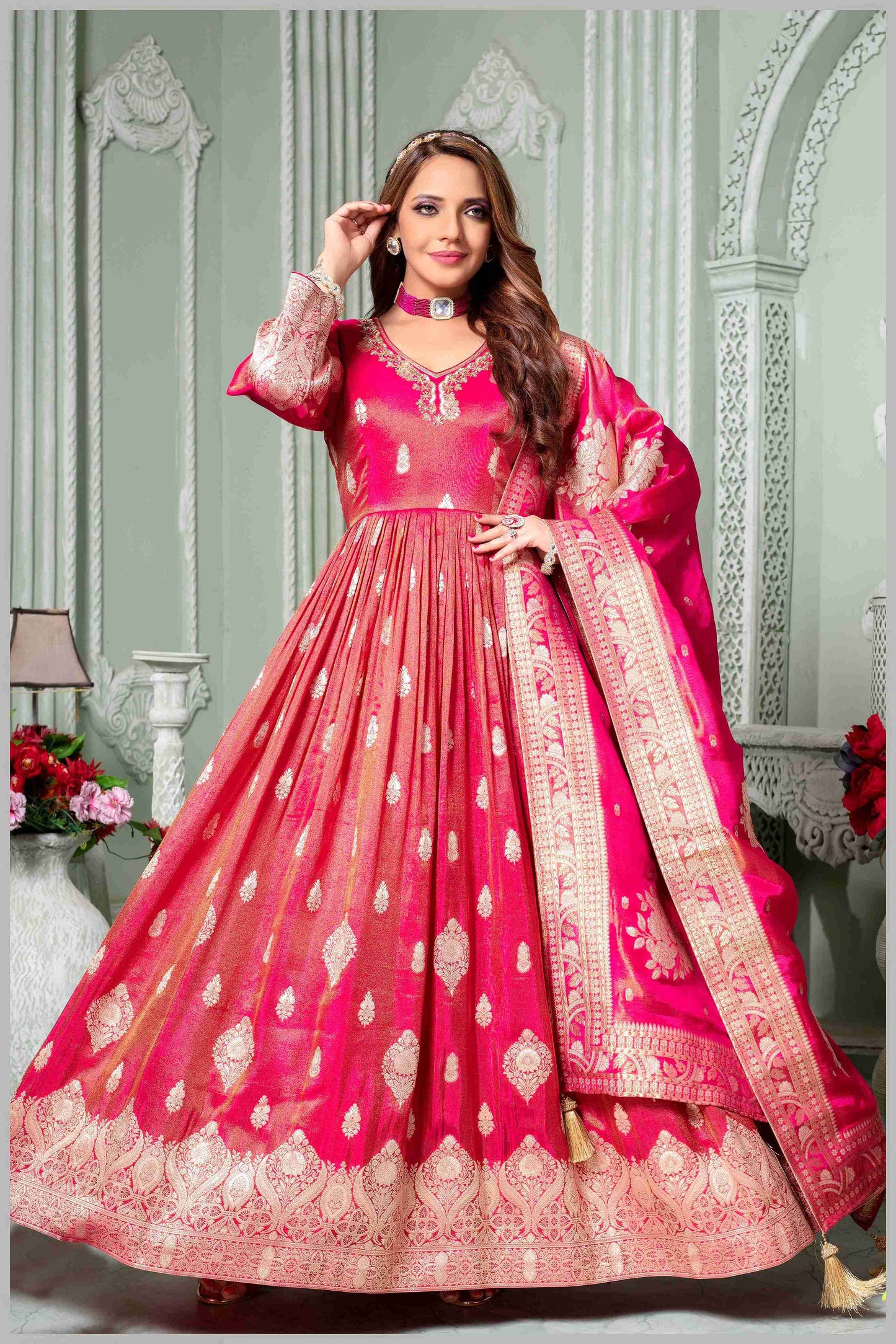 Pink Silk Anarkali Gown with Zari Weaving