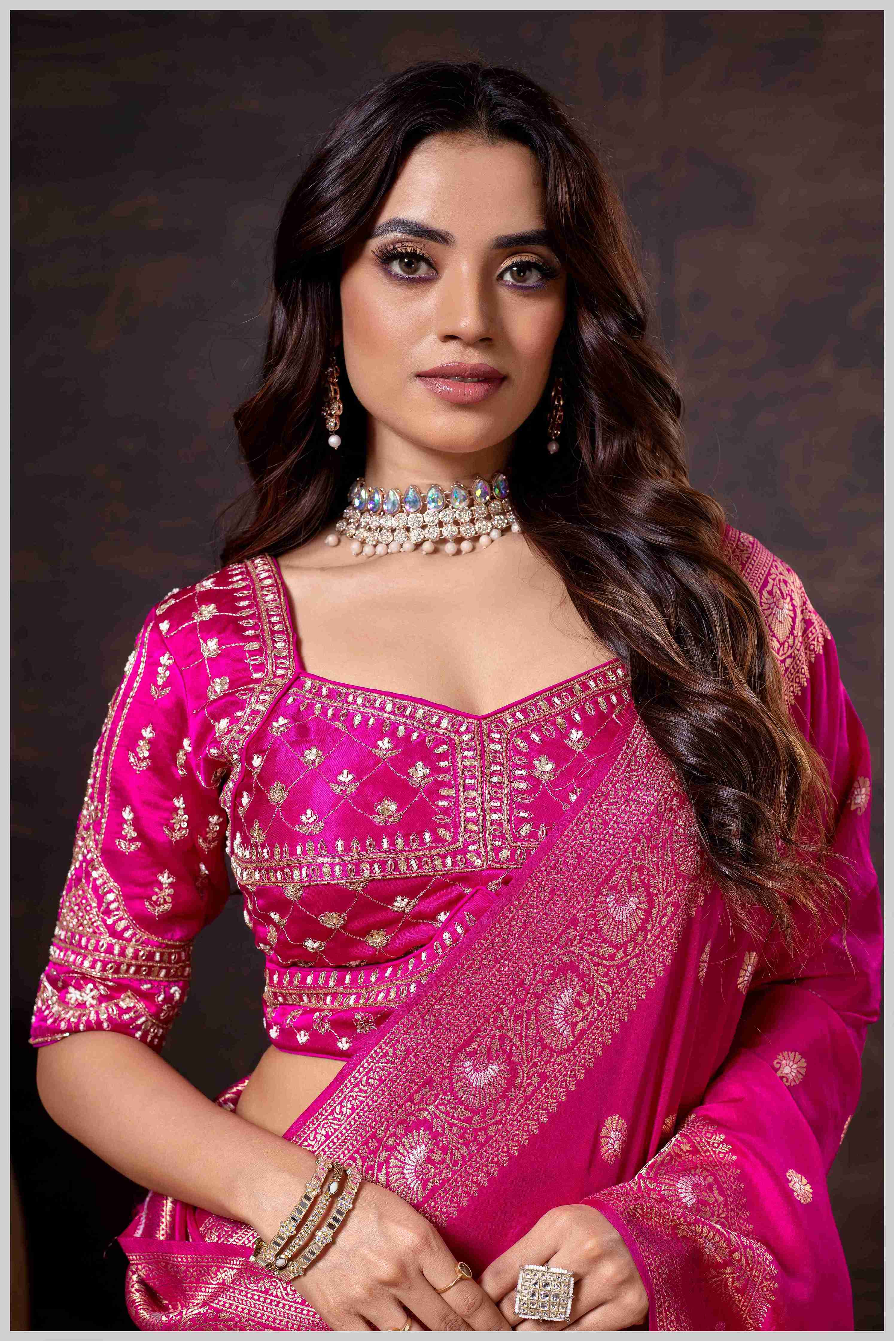 Charming Rani Pink Banarasi Silk Saree with Embroidered Designer Blouse.