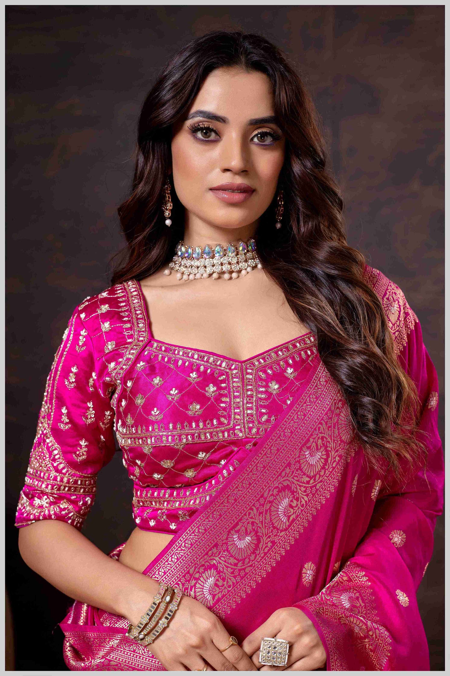 Charming Rani Pink Banarasi Silk Saree with Embroidered Designer Blouse.