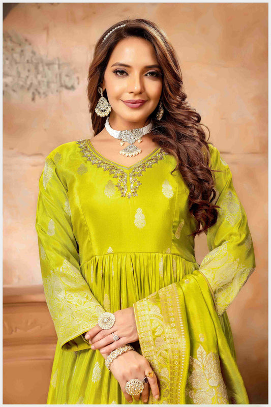 Mehendi Silk Anarkali Gown with Zari Weaving