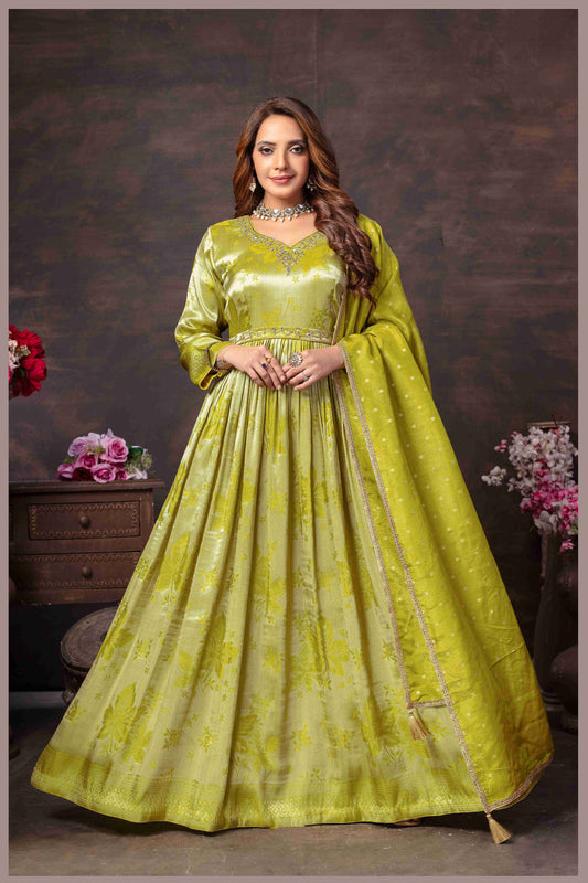 Mehendi Beige Anarkali with Rani Pink Dupatta