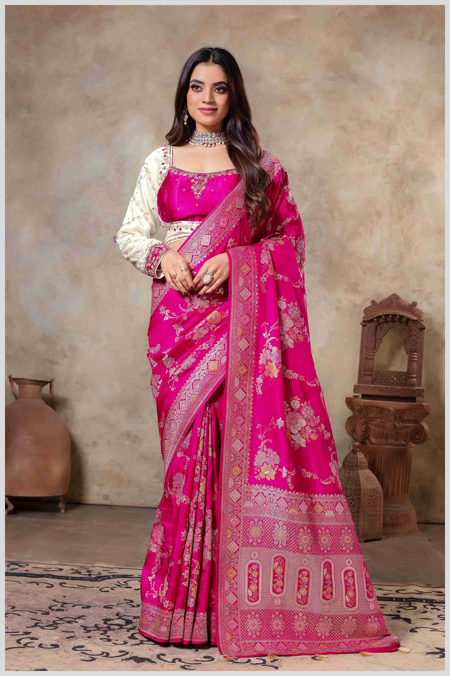 Pink Banarasi Silk Saree with Multicolor Floral Weaves