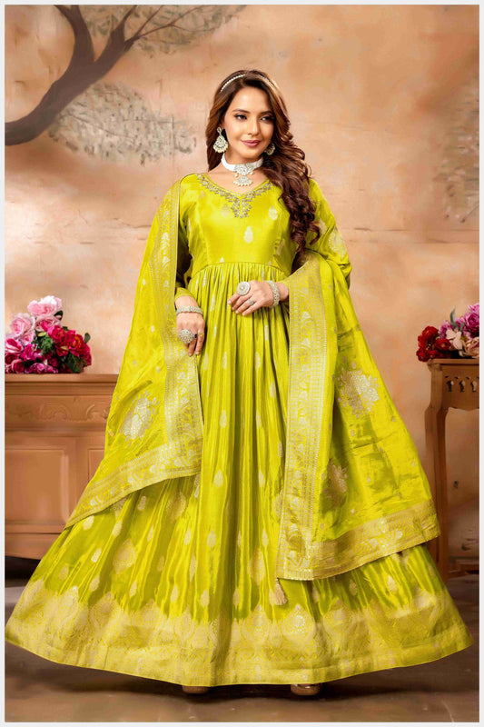 Mehendi Silk Anarkali Gown with Zari Weaving