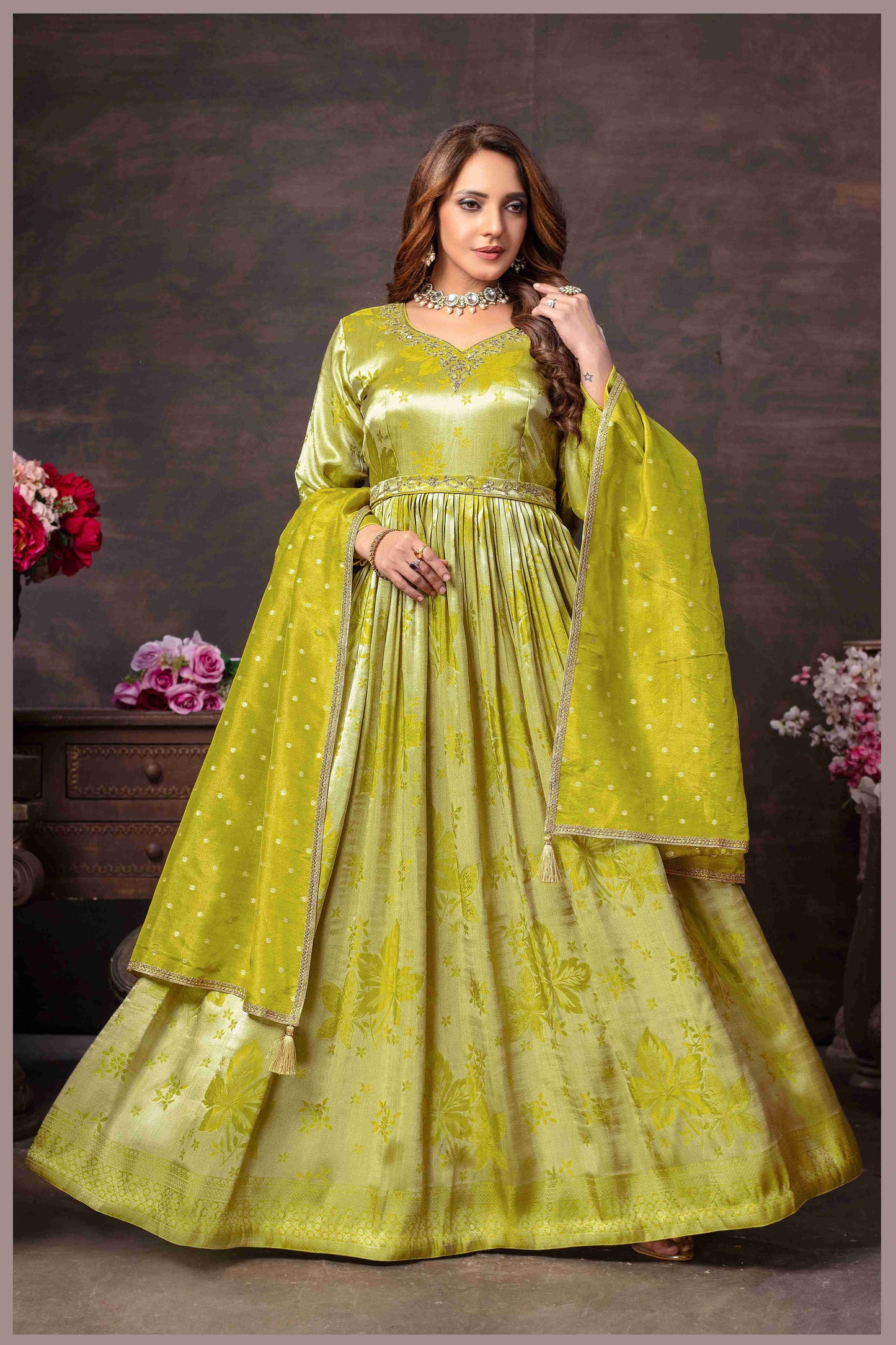 Mehendi Beige Anarkali with Rani Pink Dupatta