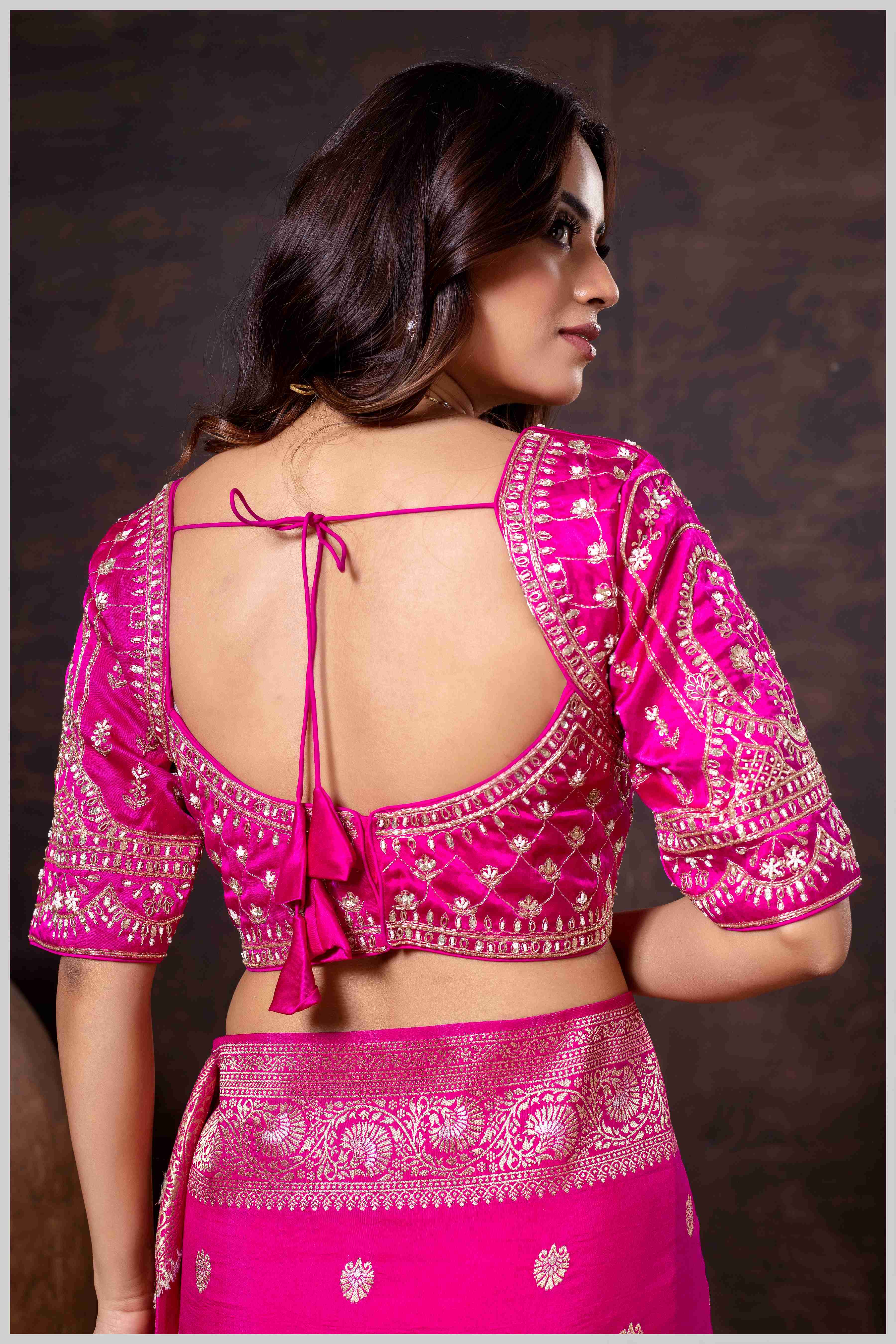 Charming Rani Pink Banarasi Silk Saree with Embroidered Designer Blouse.