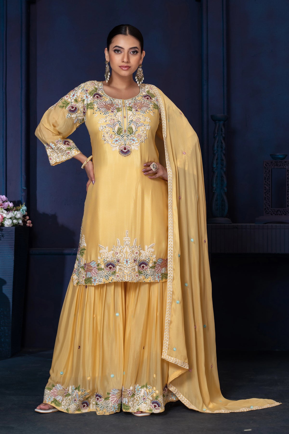Chinon Embroidered Kurta Palazzo Set with Dupatta