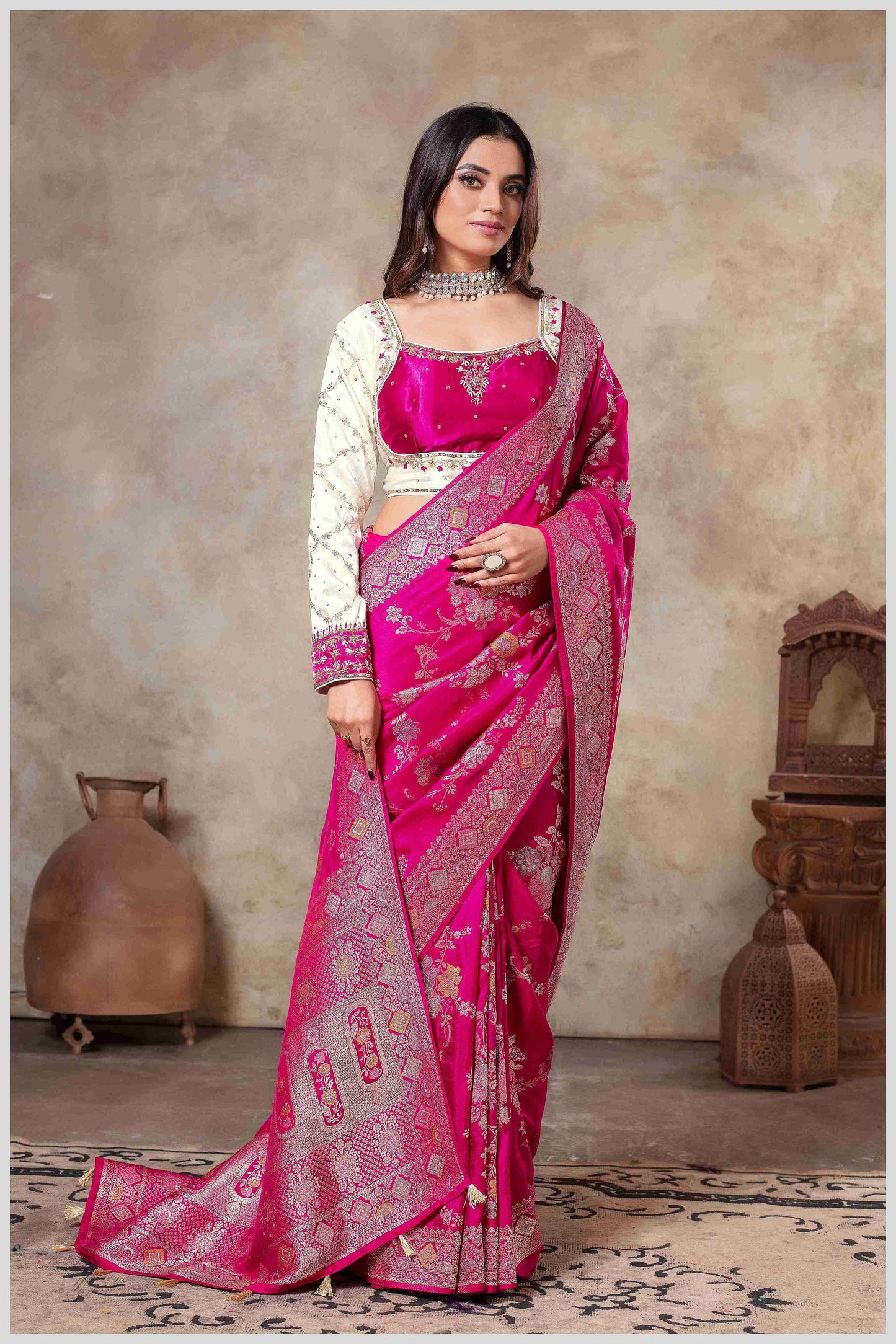 Pink Banarasi Silk Saree with Multicolor Floral Weaves