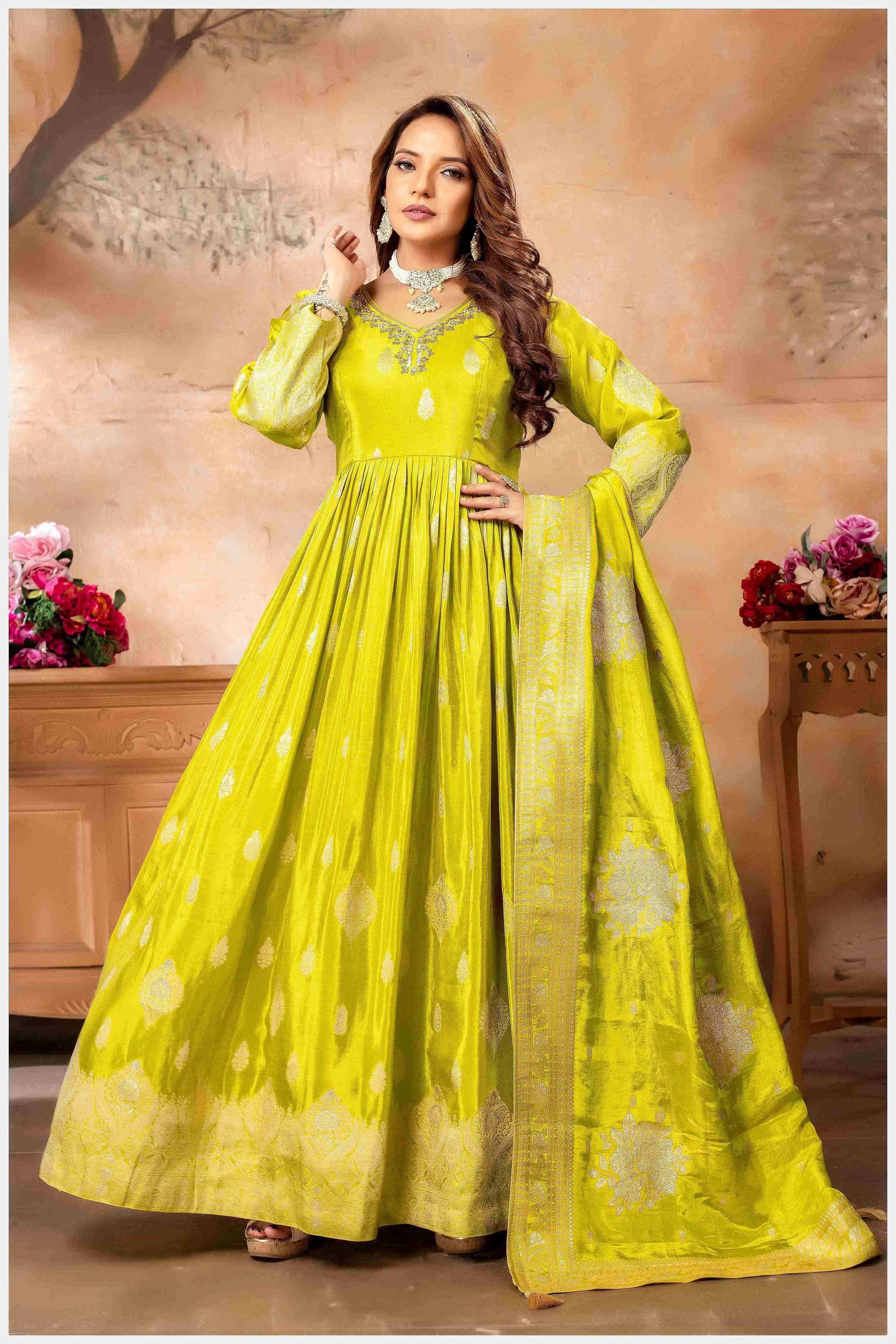 Mehendi Silk Anarkali Gown with Zari Weaving