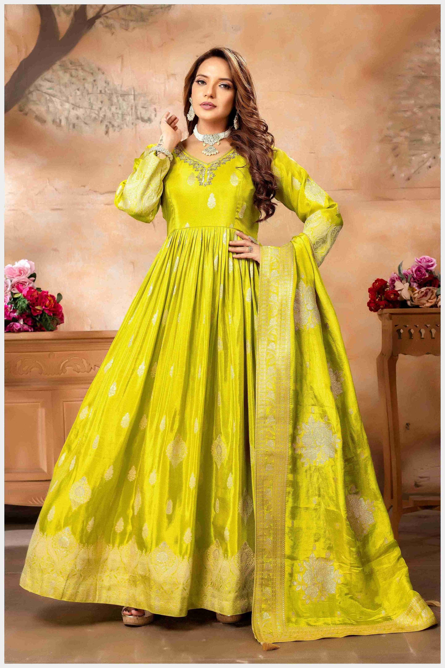 Mehendi Silk Anarkali Gown with Zari Weaving