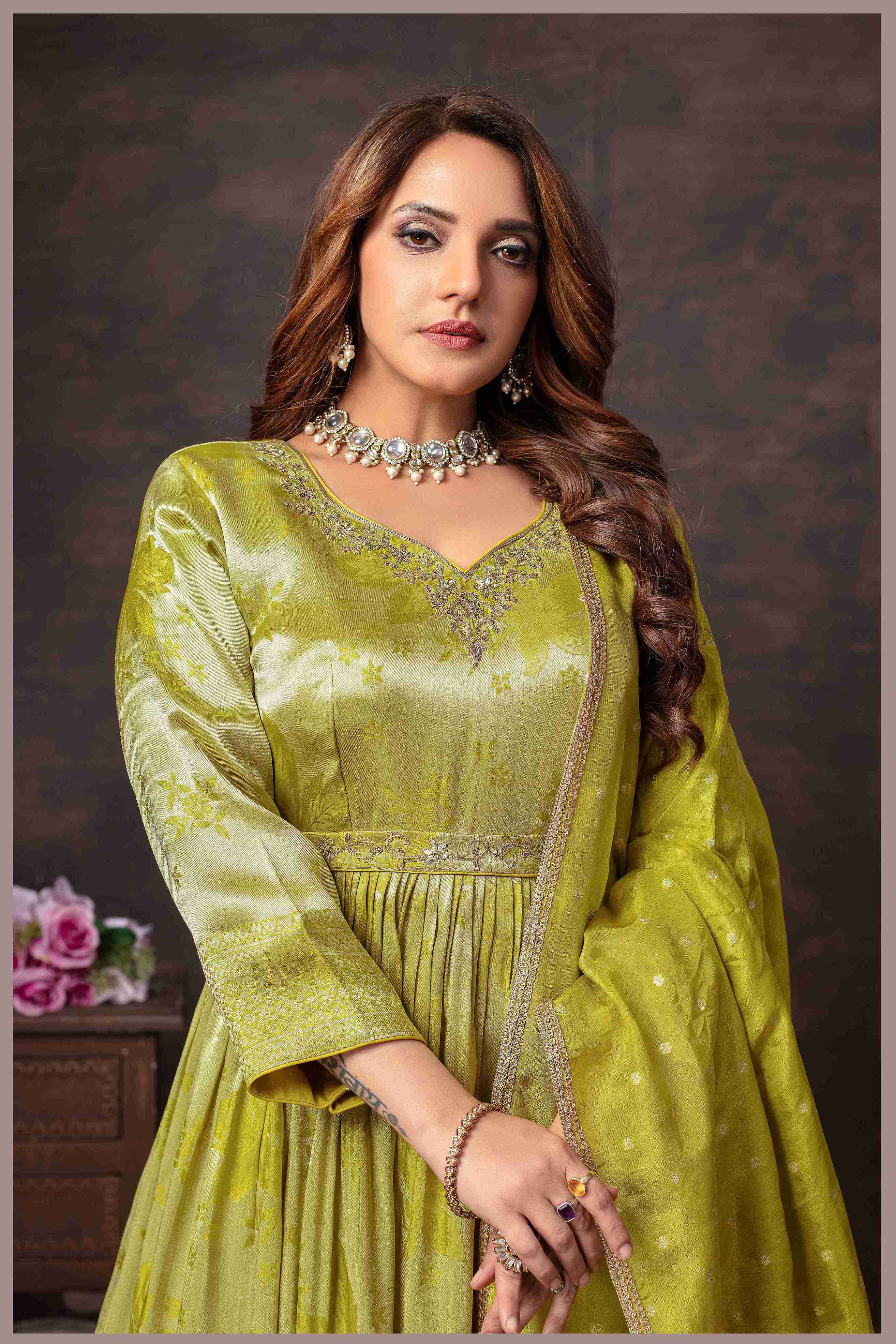 Mehendi Beige Anarkali with Rani Pink Dupatta
