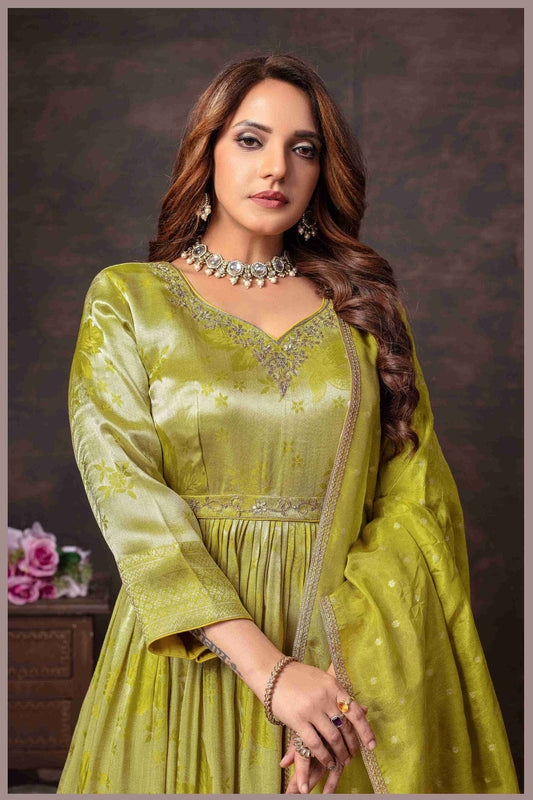 Mehendi Beige Anarkali with Rani Pink Dupatta