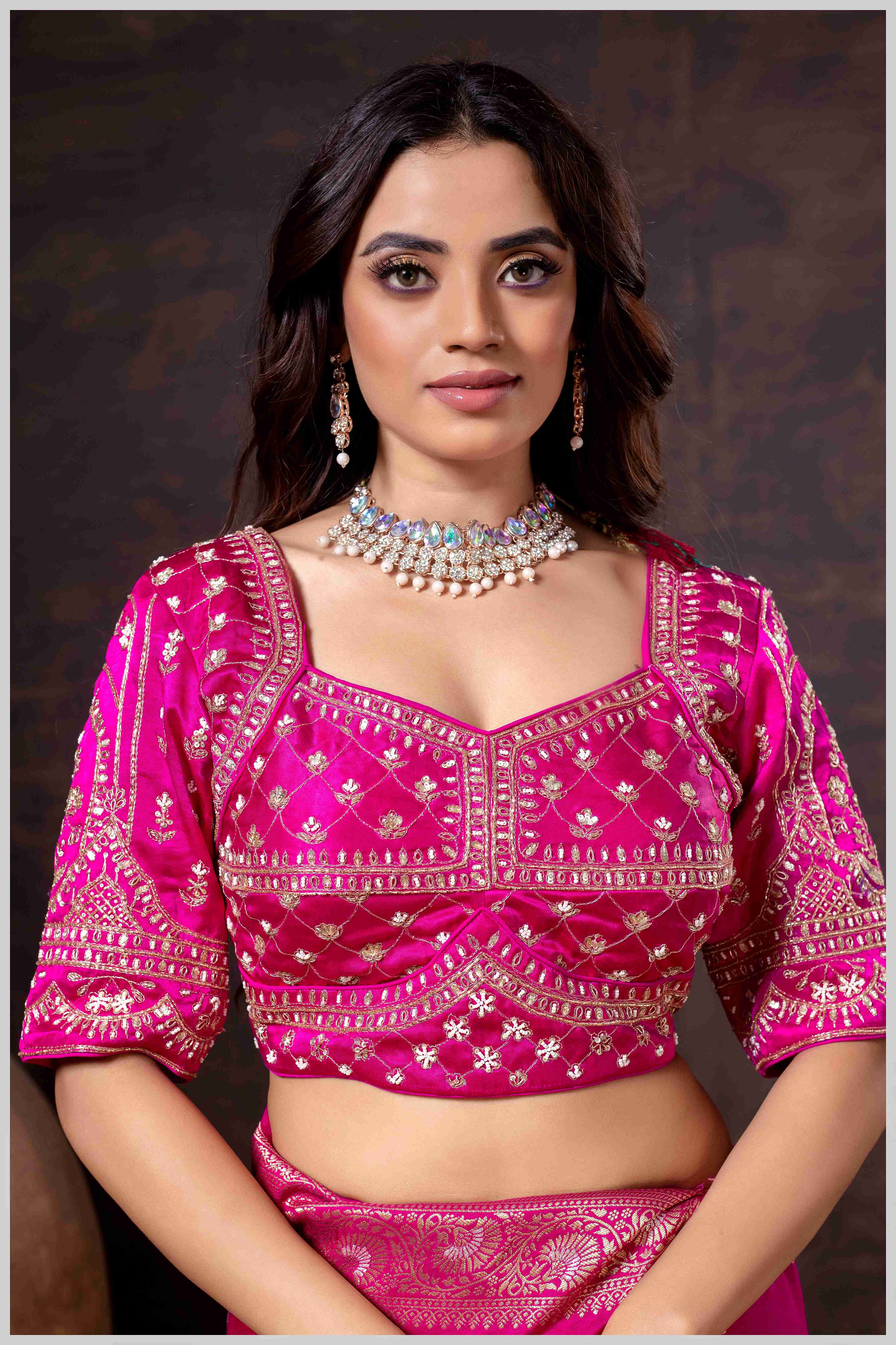 Charming Rani Pink Banarasi Silk Saree with Embroidered Designer Blouse.