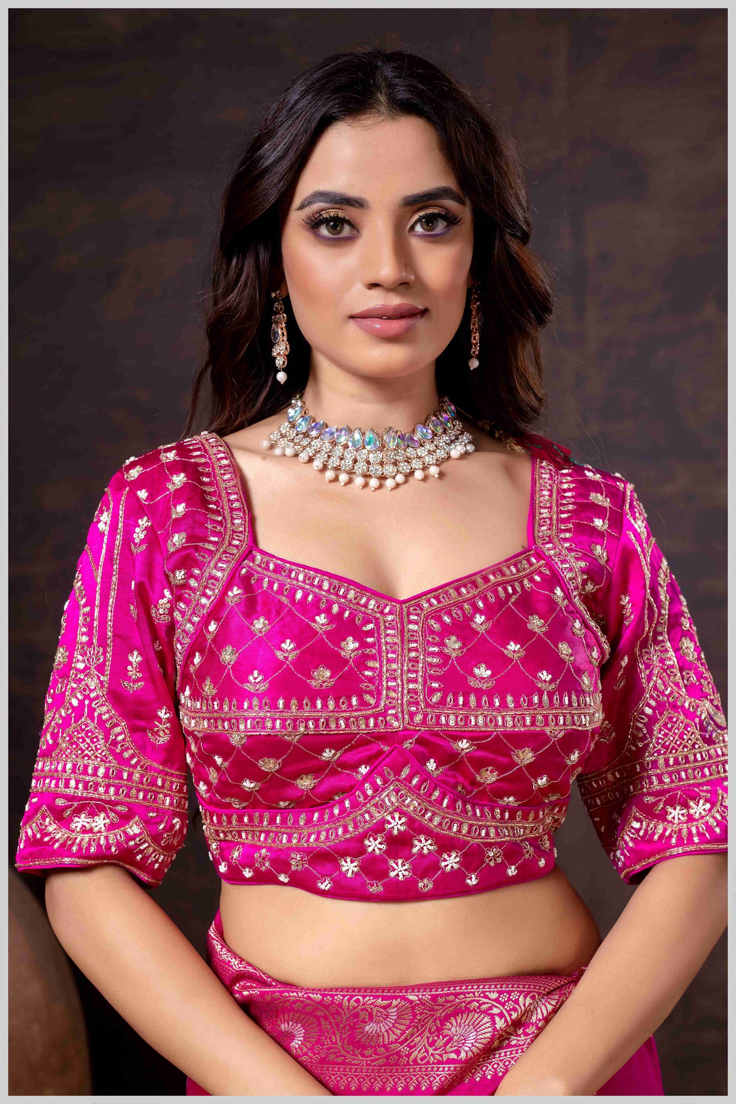 Charming Rani Pink Banarasi Silk Saree with Embroidered Designer Blouse.