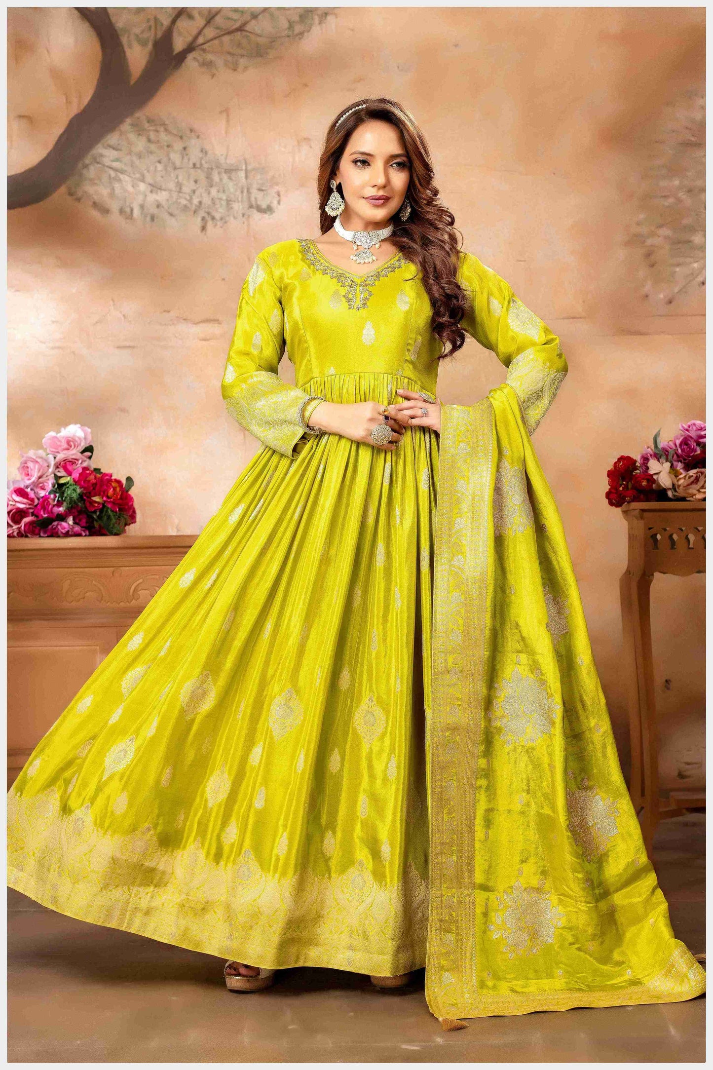 Mehendi Silk Anarkali Gown with Zari Weaving