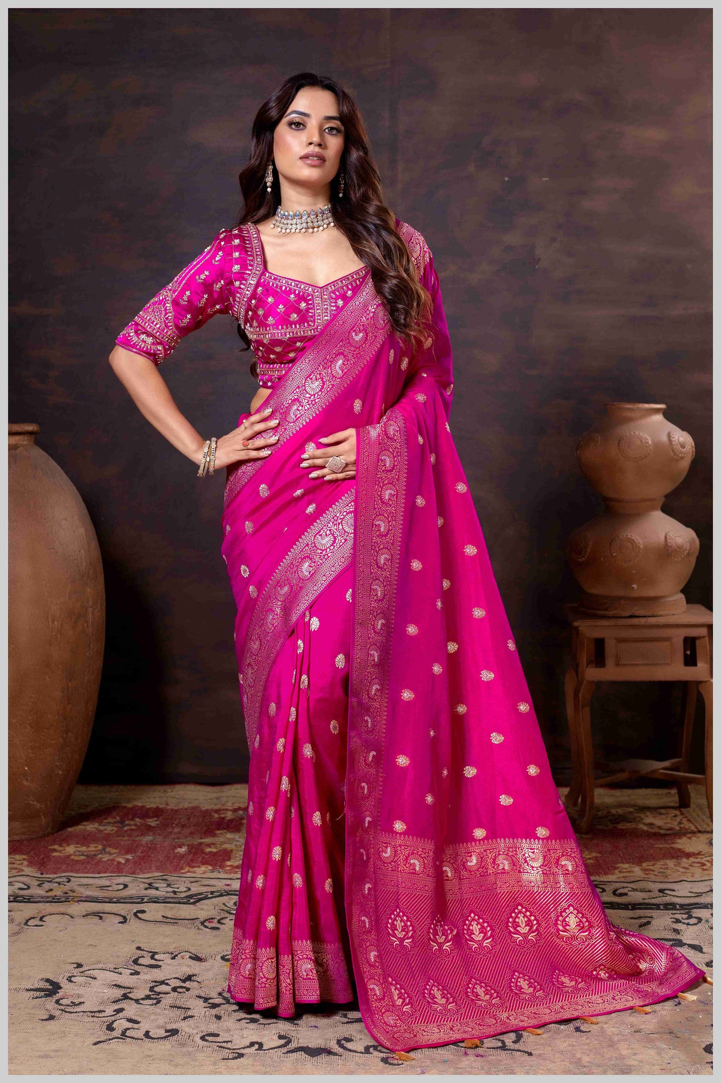 Charming Rani Pink Banarasi Silk Saree with Embroidered Designer Blouse.