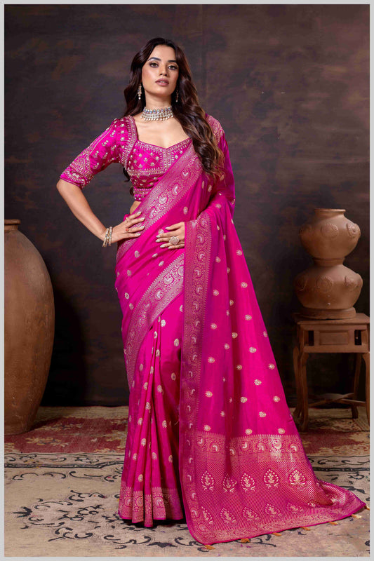 Charming Rani Pink Banarasi Silk Saree with Embroidered Designer Blouse.