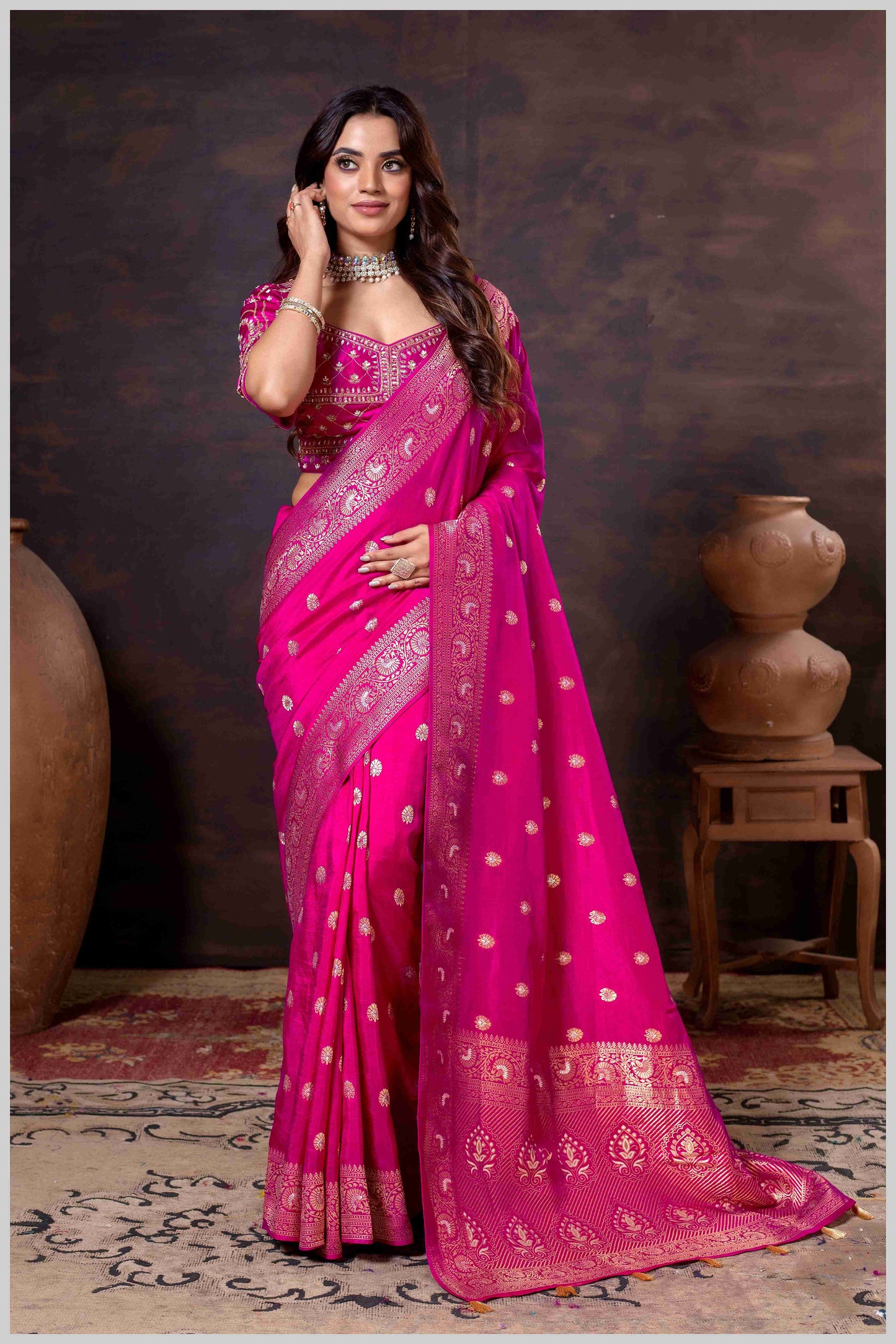 Charming Rani Pink Banarasi Silk Saree with Embroidered Designer Blouse.