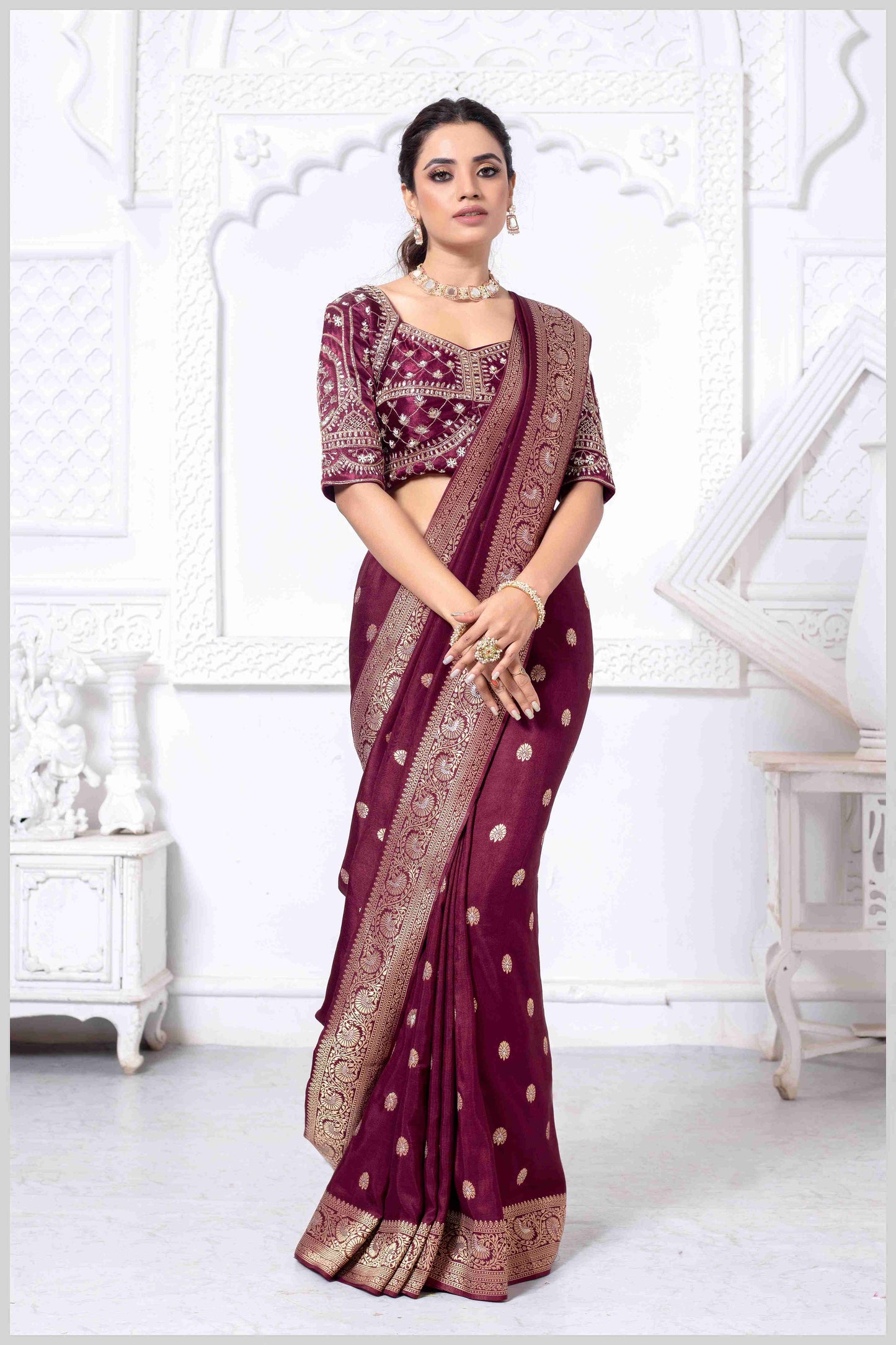 Charming Maroon Banarasi Silk Saree with Embroidered Designer Blouse.