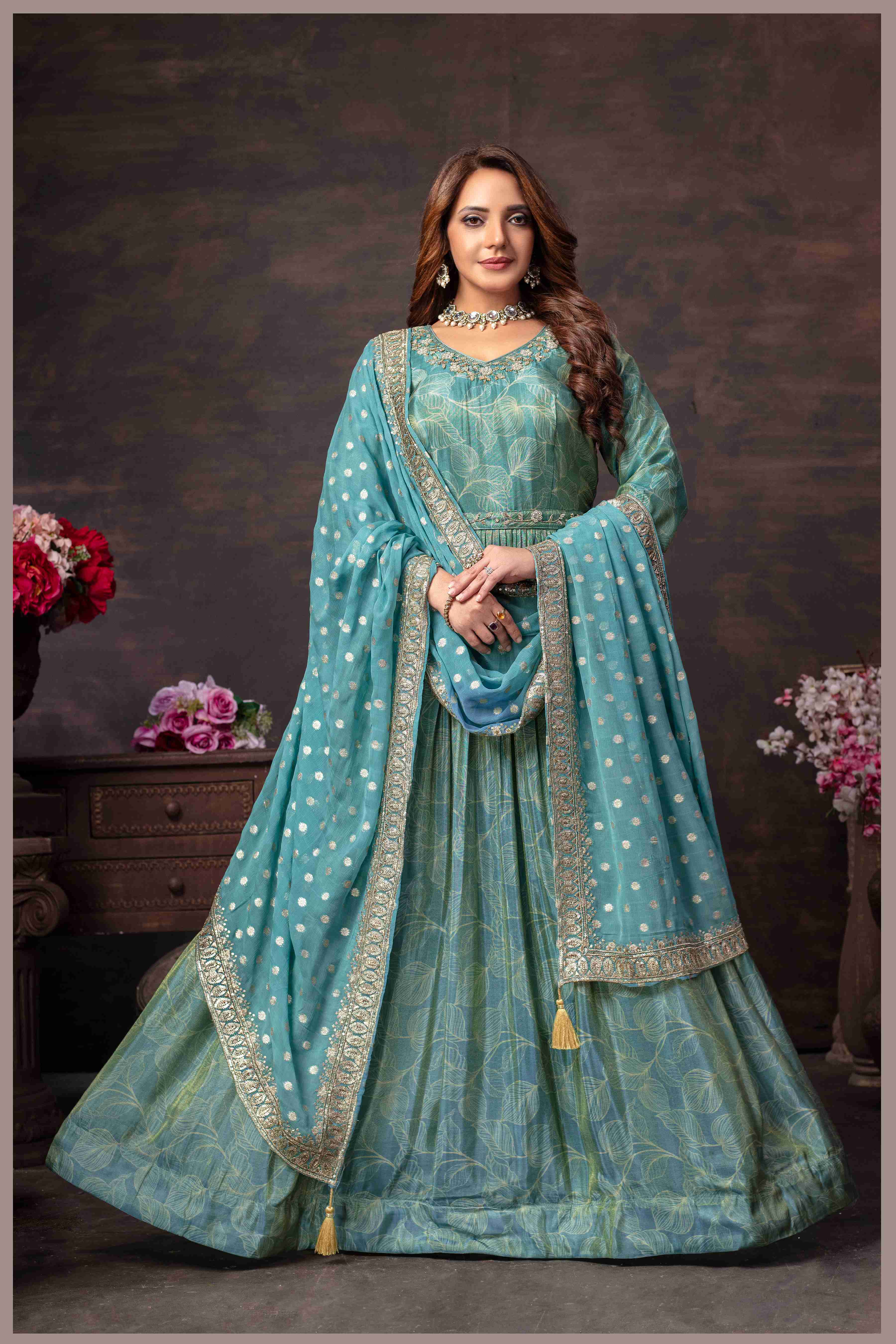 Dusty Blue Tissue Anarkali Gown with Chinon Dupatta