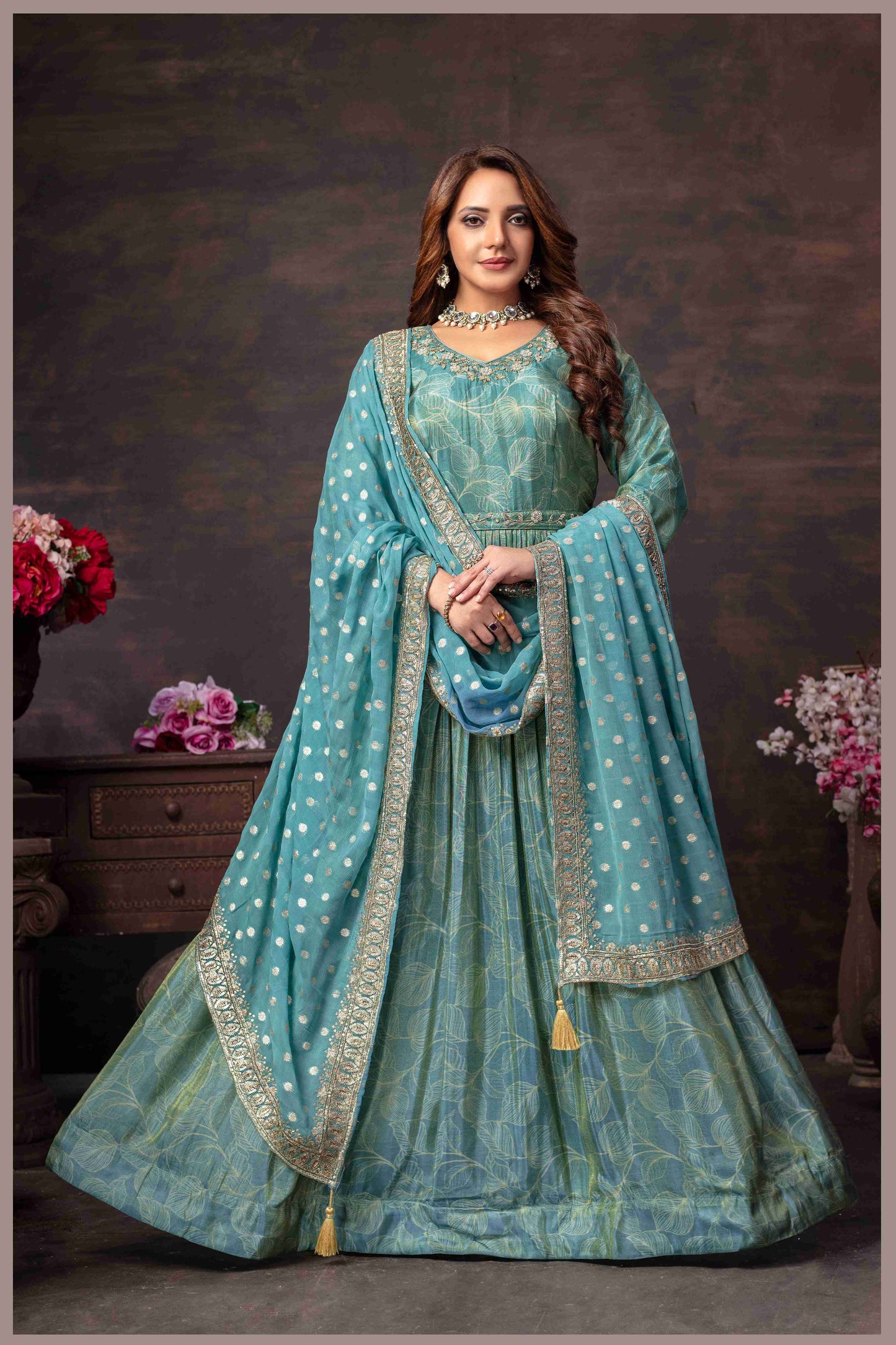 Dusty Blue Tissue Anarkali Gown with Chinon Dupatta