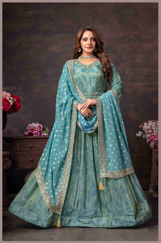 Dusty Blue Tissue Anarkali Gown with Chinon Dupatta