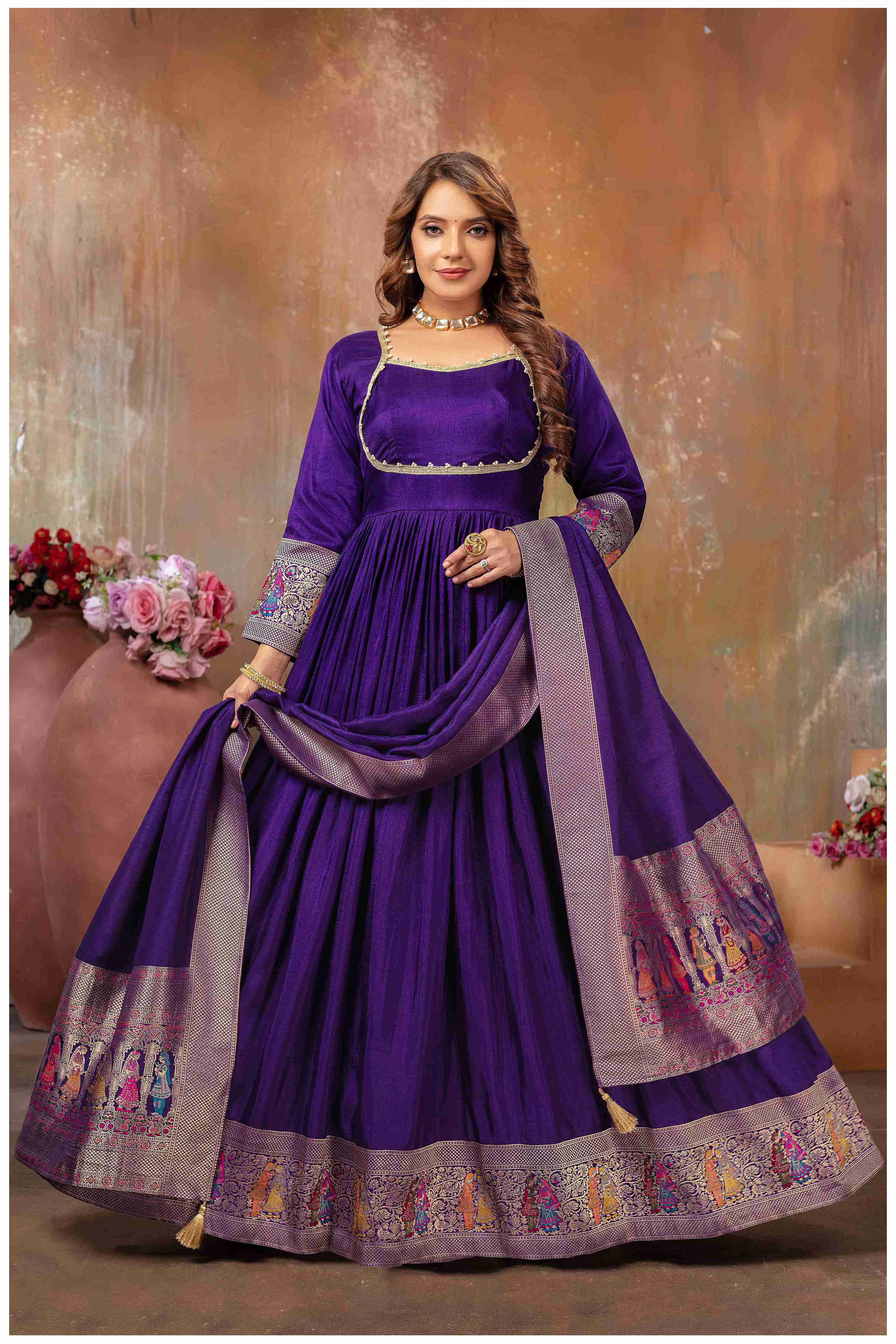 Purple Anarkali Gown with Gujarati Motif Embroidery