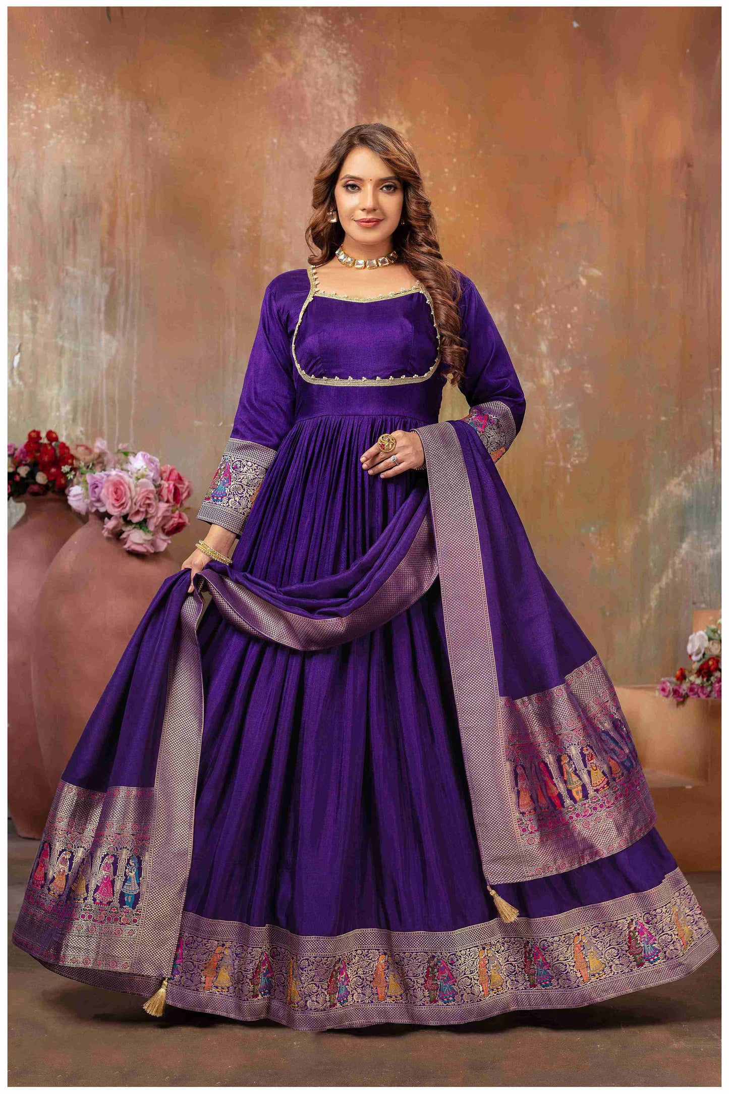 Purple Anarkali Gown with Gujarati Motif Embroidery