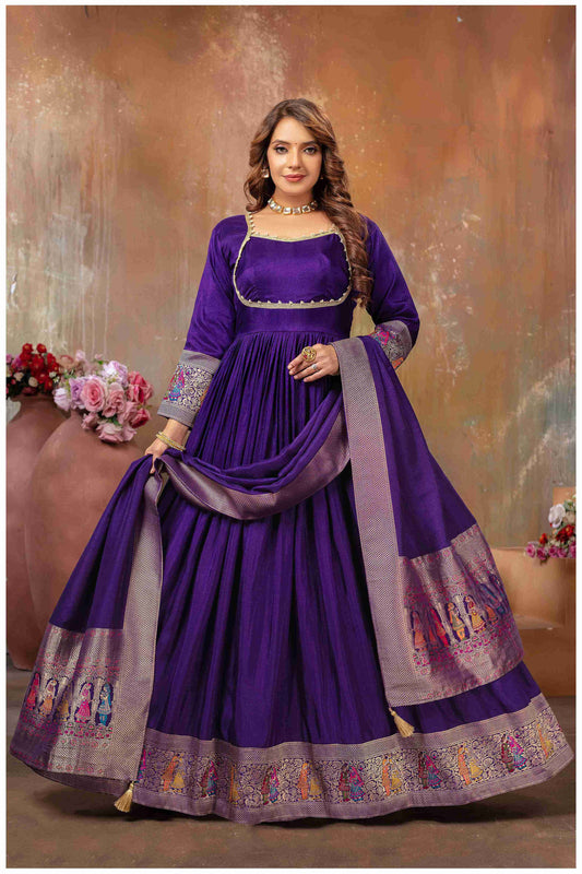 Purple Anarkali Gown with Gujarati Motif Embroidery