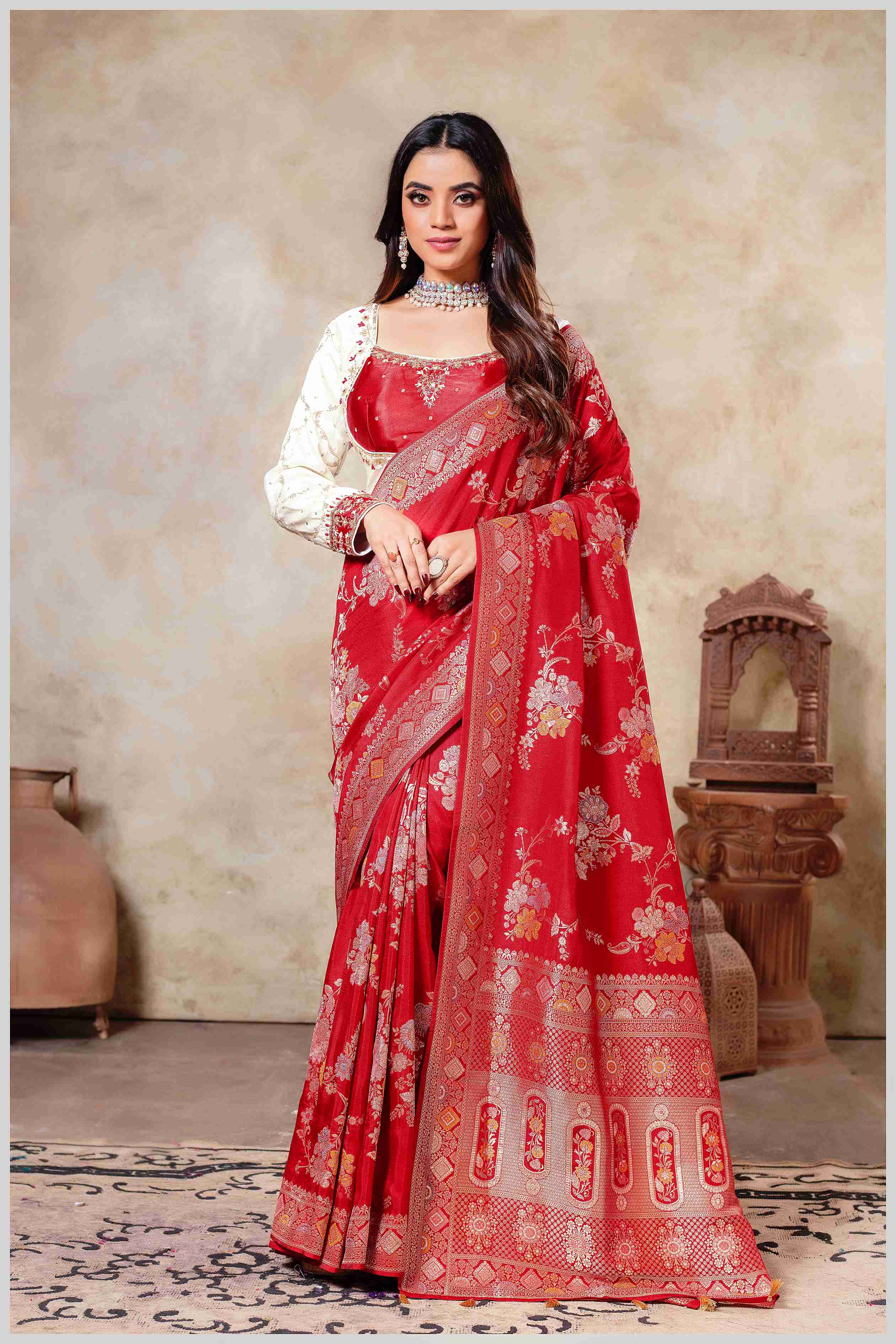 Red Banarasi Silk Saree with Multicolor Floral Weaves