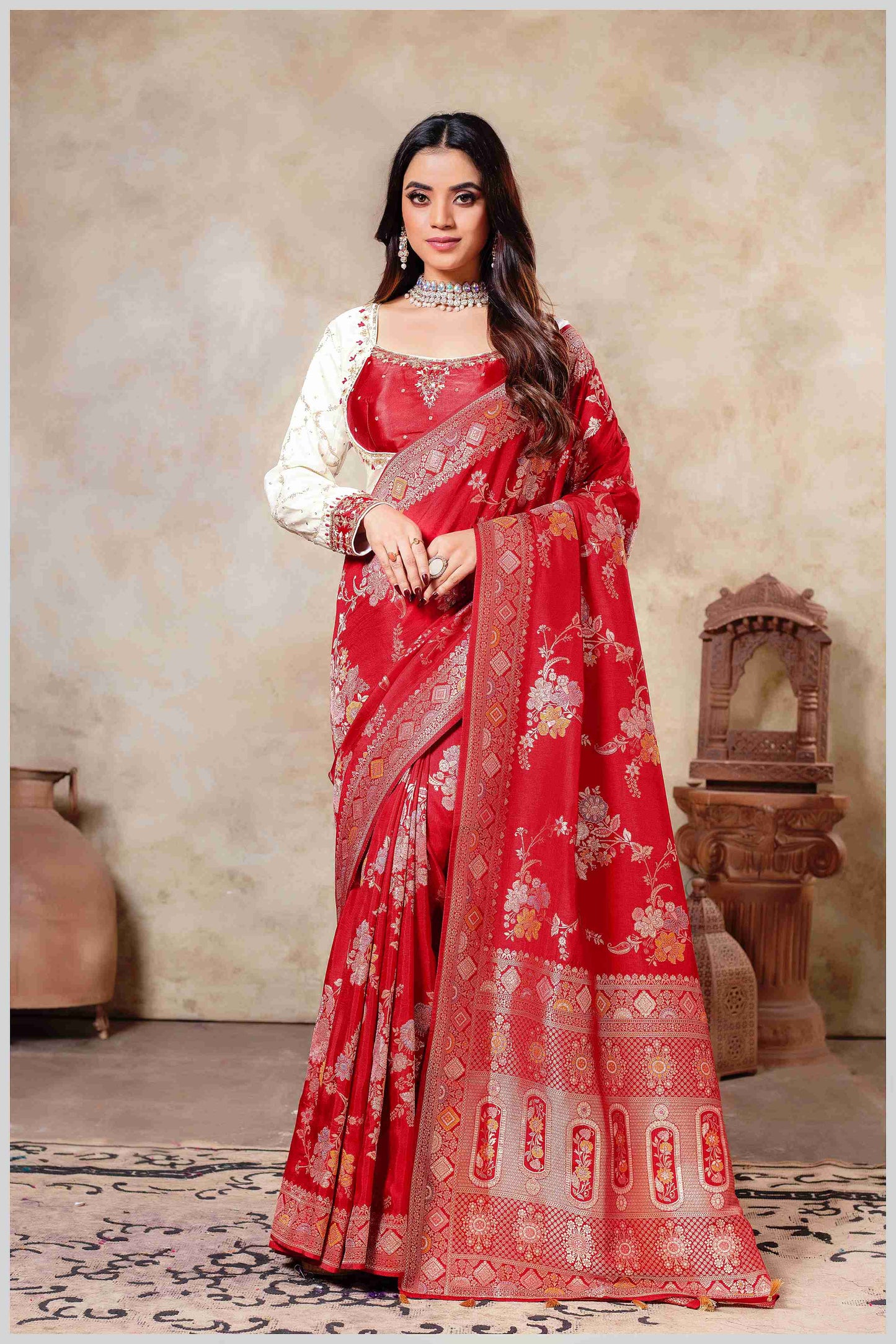 Red Banarasi Silk Saree with Multicolor Floral Weaves