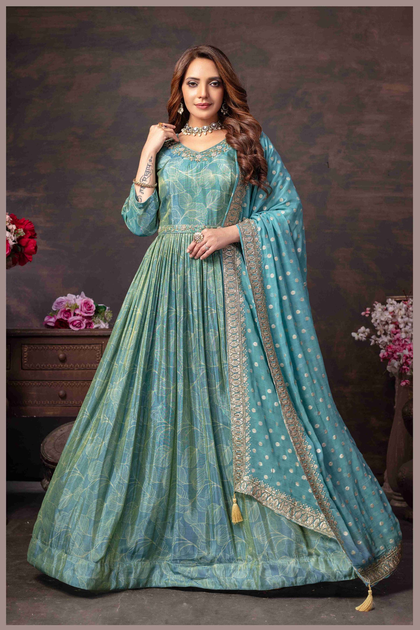 Dusty Blue Tissue Anarkali Gown with Chinon Dupatta